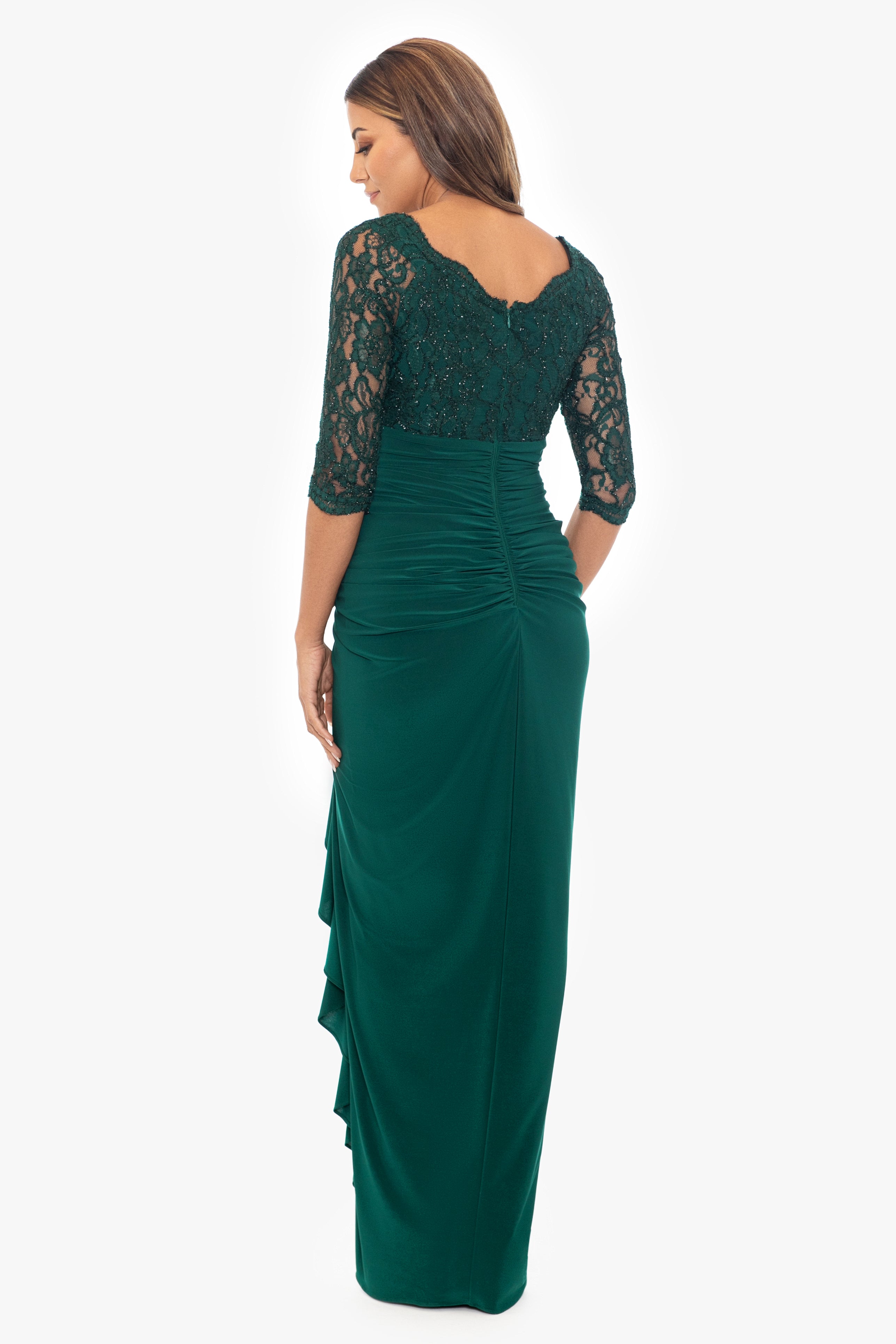 "Irina" Lace and Jersey Knit 3/4 Sleeve Floor Length Dress