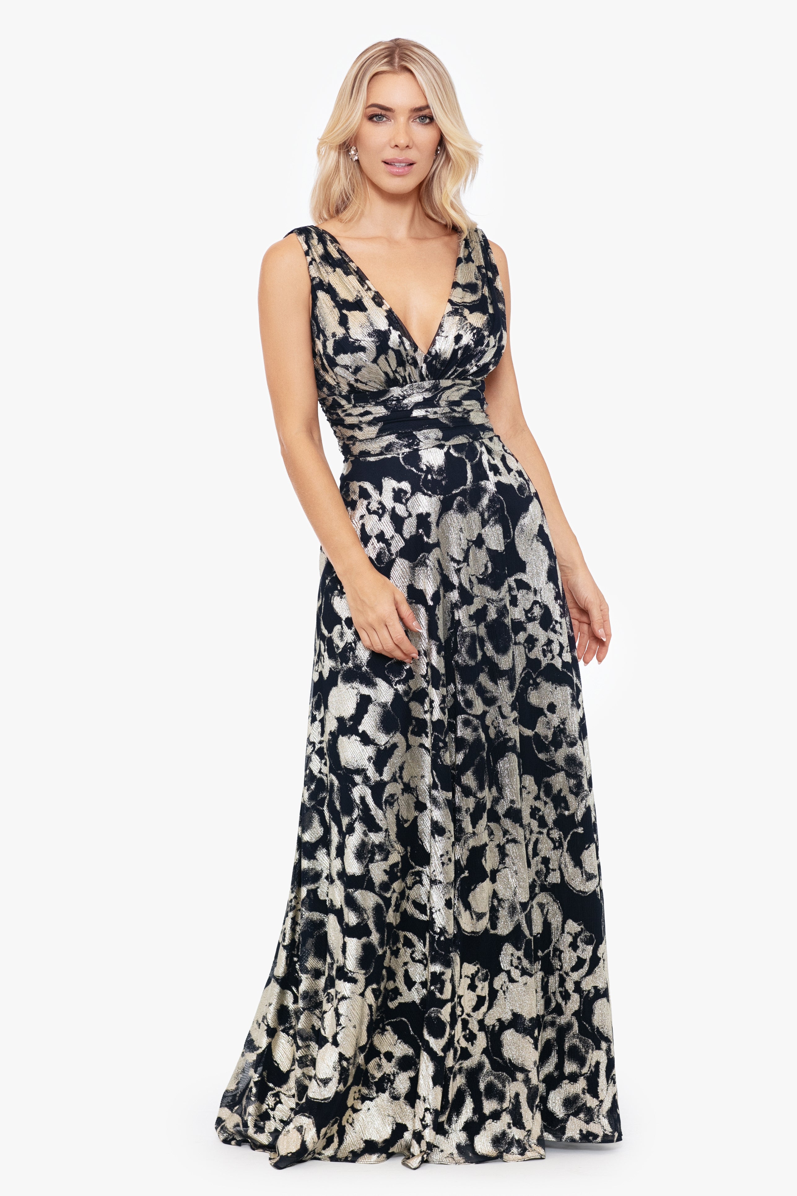 Petite "Maria" Long Foil V-Neck Floor Length Dress