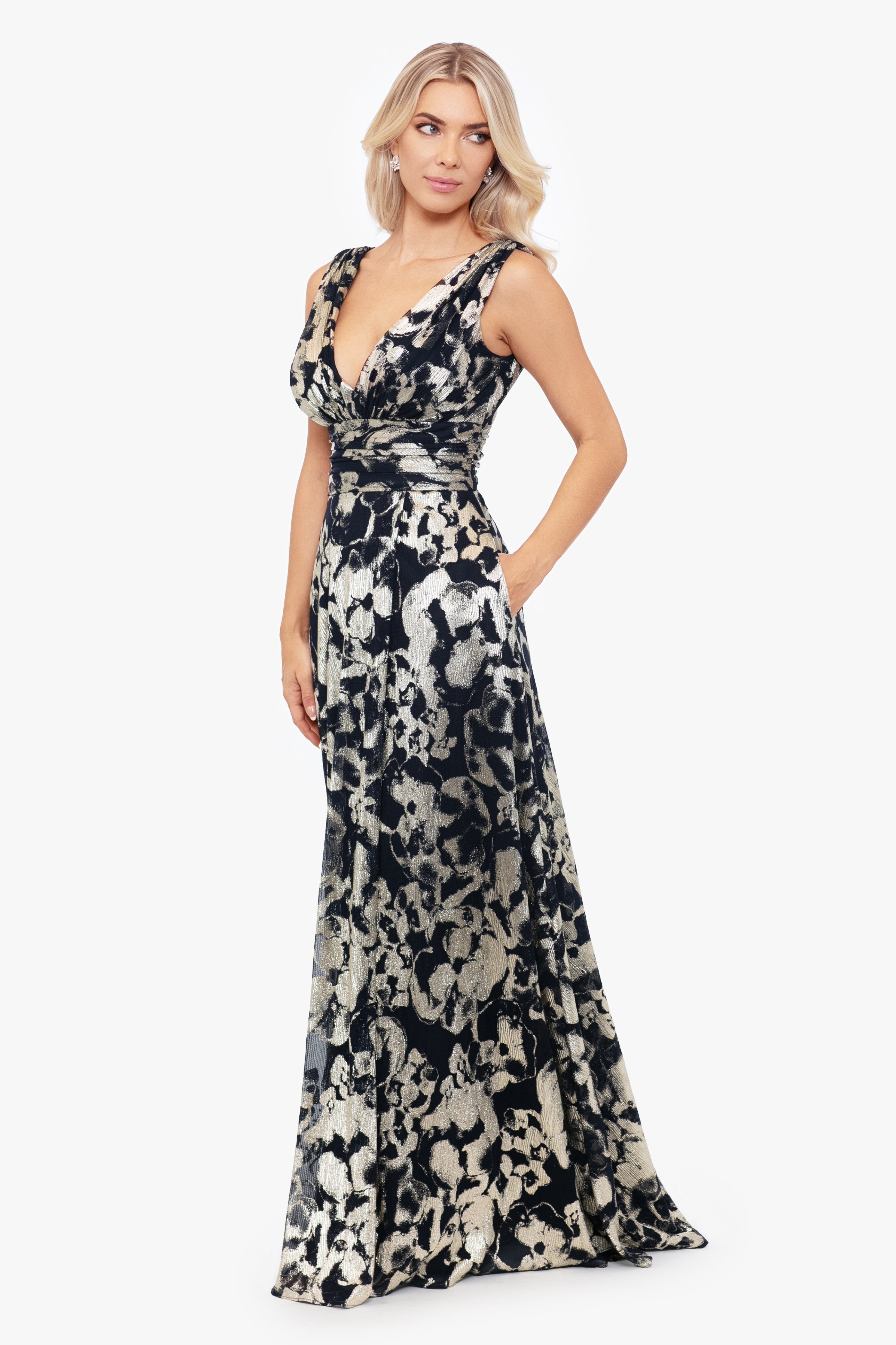 Petite "Maria" Long Foil V-Neck Floor Length Dress