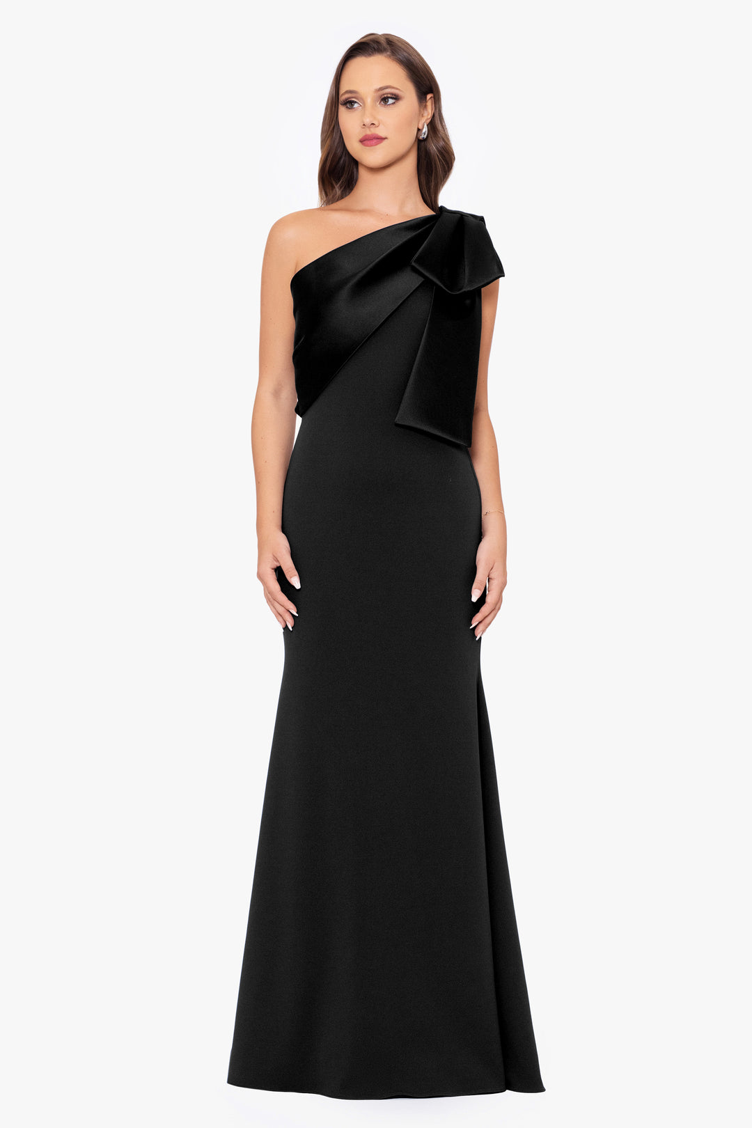 "Carmela" Long Scuba Crepe Dress with Satin Bow