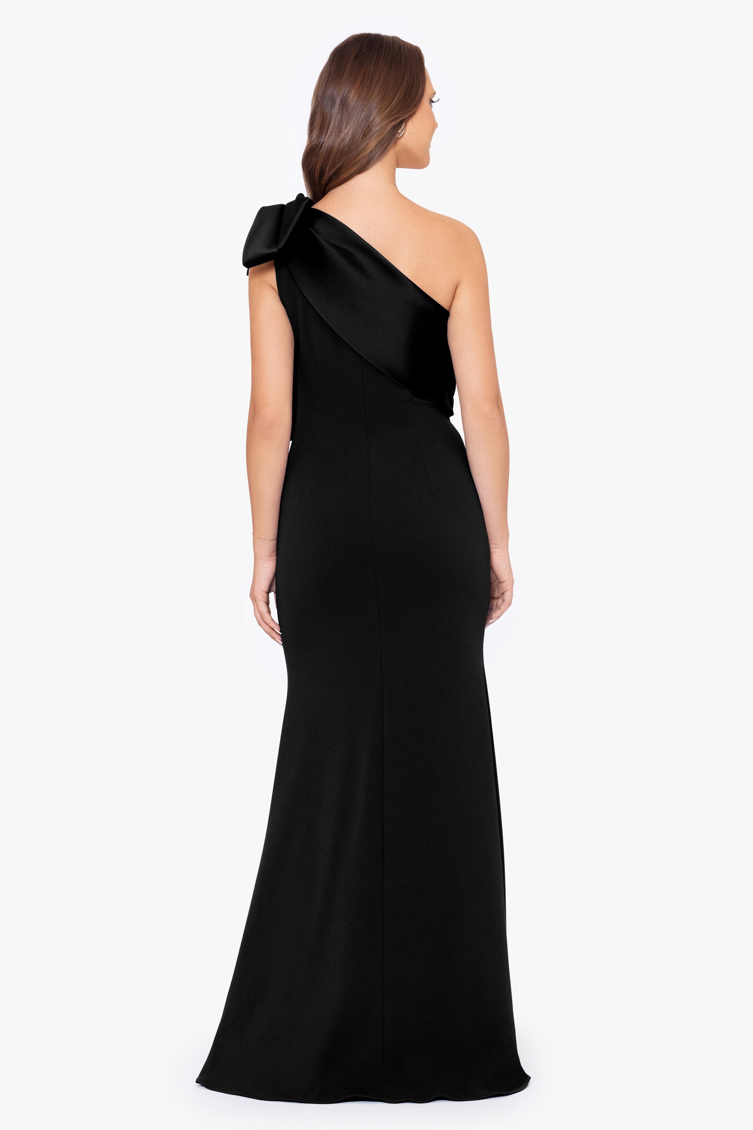 "Carmela" Long Scuba Crepe Dress with Satin Bow