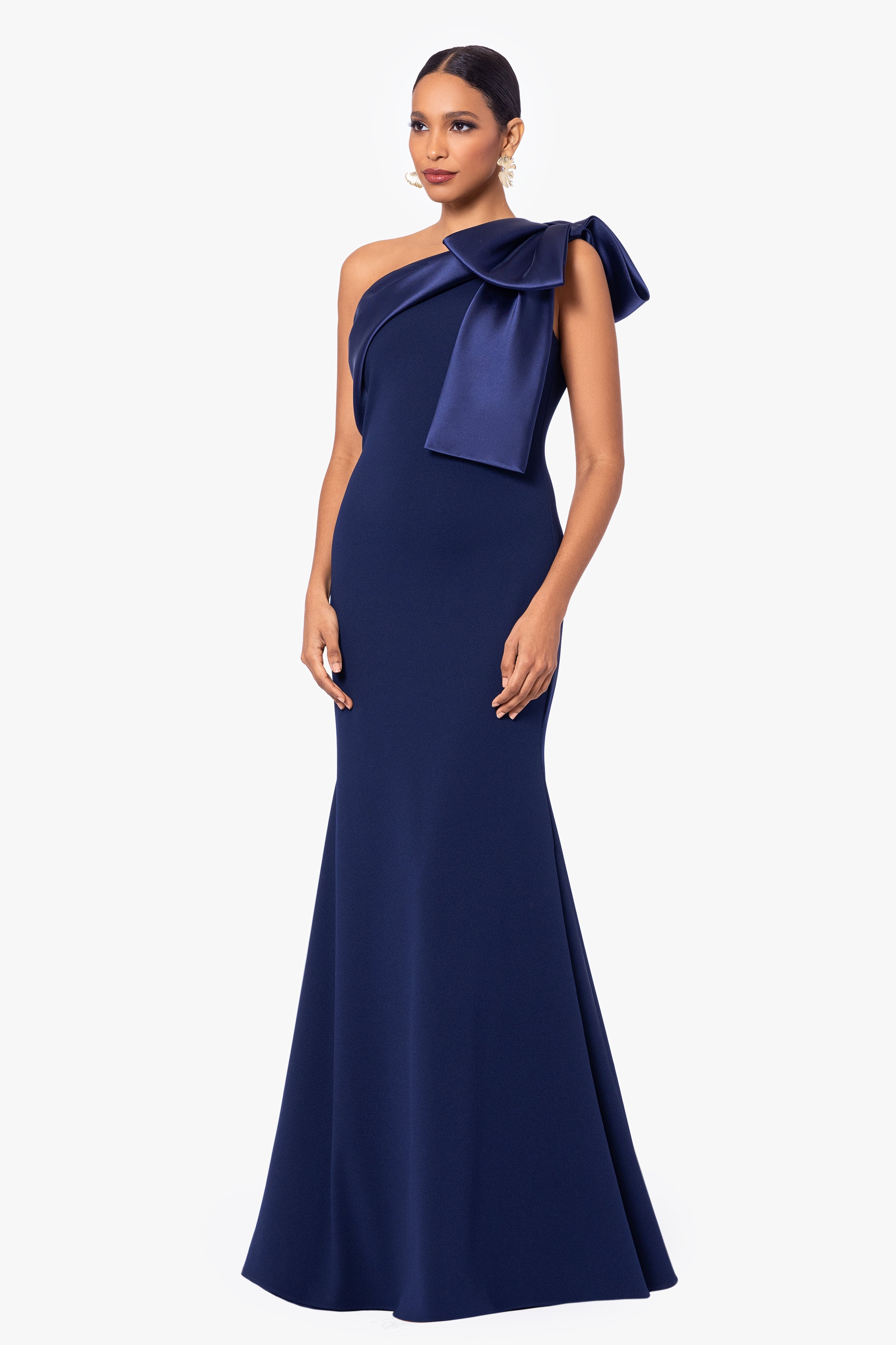 "Carmela" Long Scuba Crepe Dress with Satin Bow