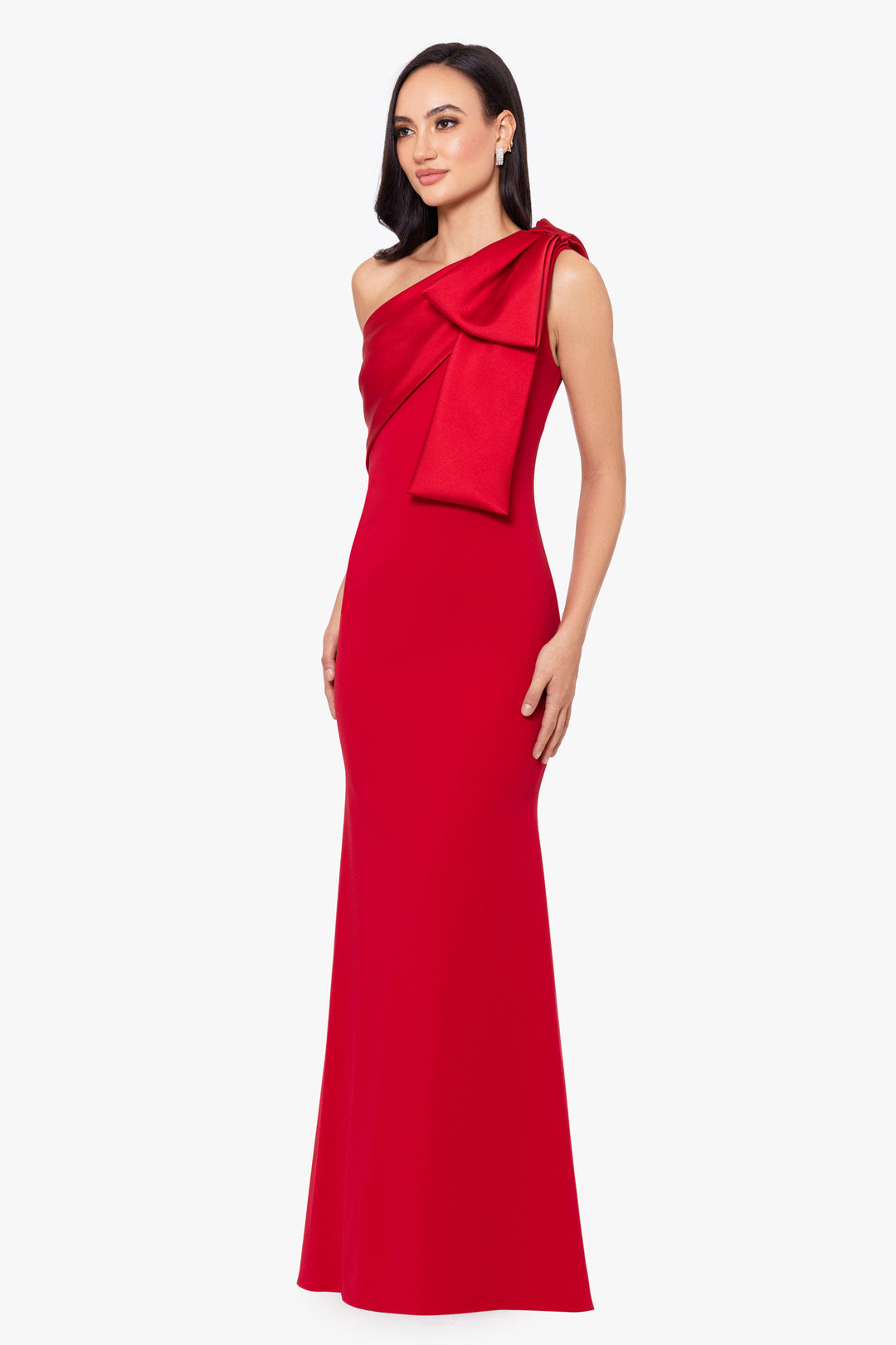 "Carmela" Long Scuba Crepe Dress with Satin Bow