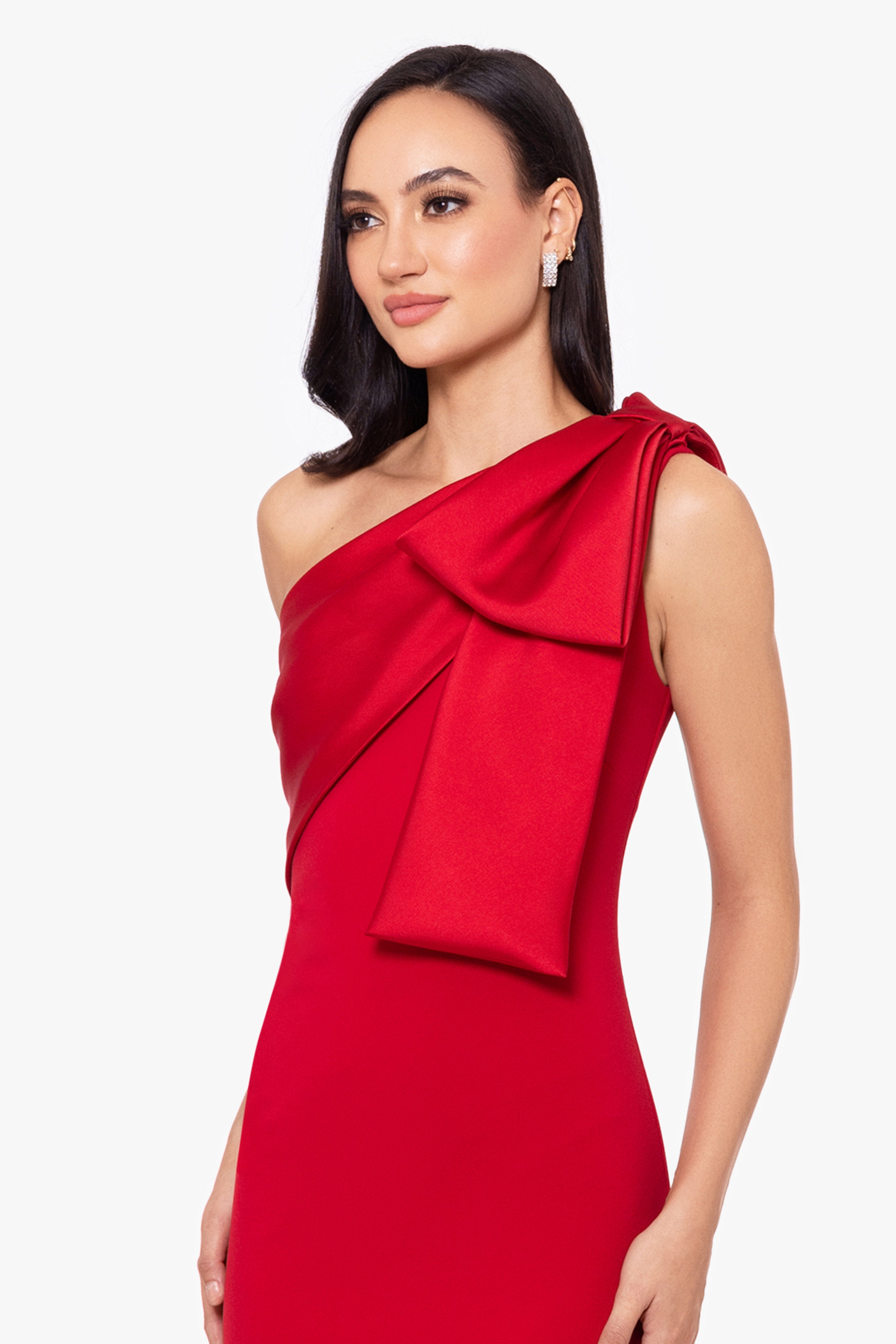 "Carmela" Long Scuba Crepe Dress with Satin Bow