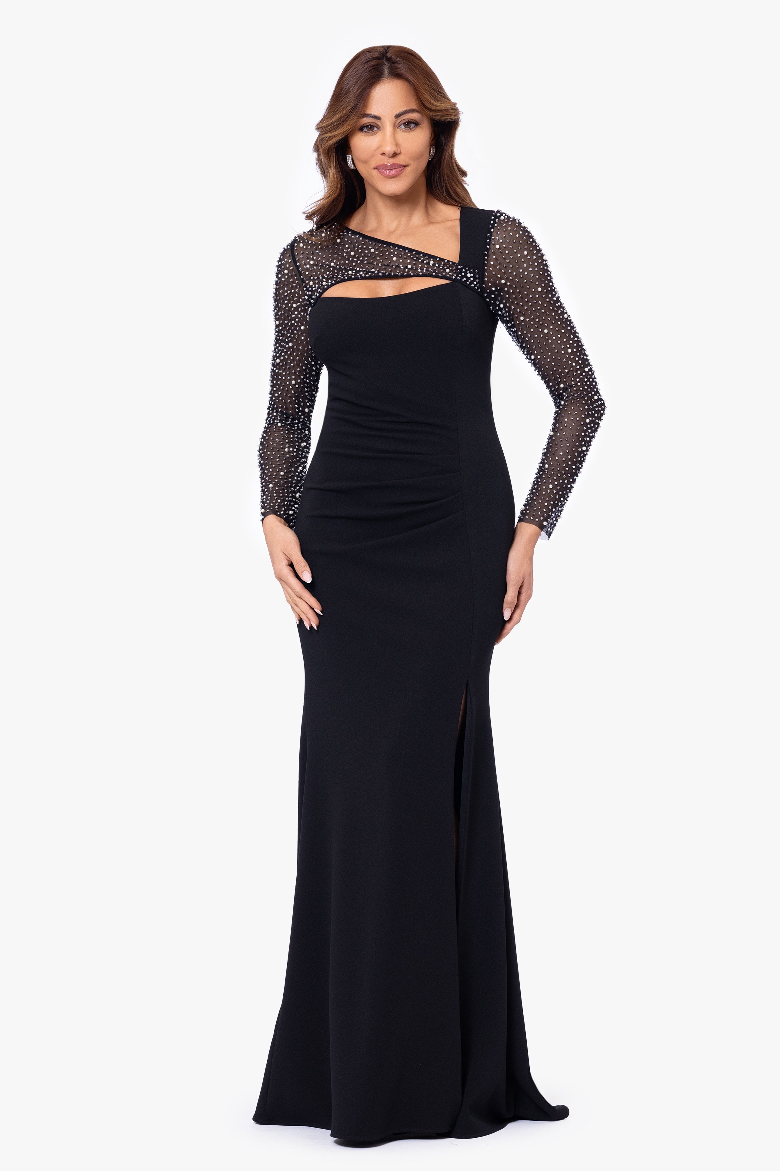 "Samantha" Scuba Crepe Embellished Long Sleeve Dress