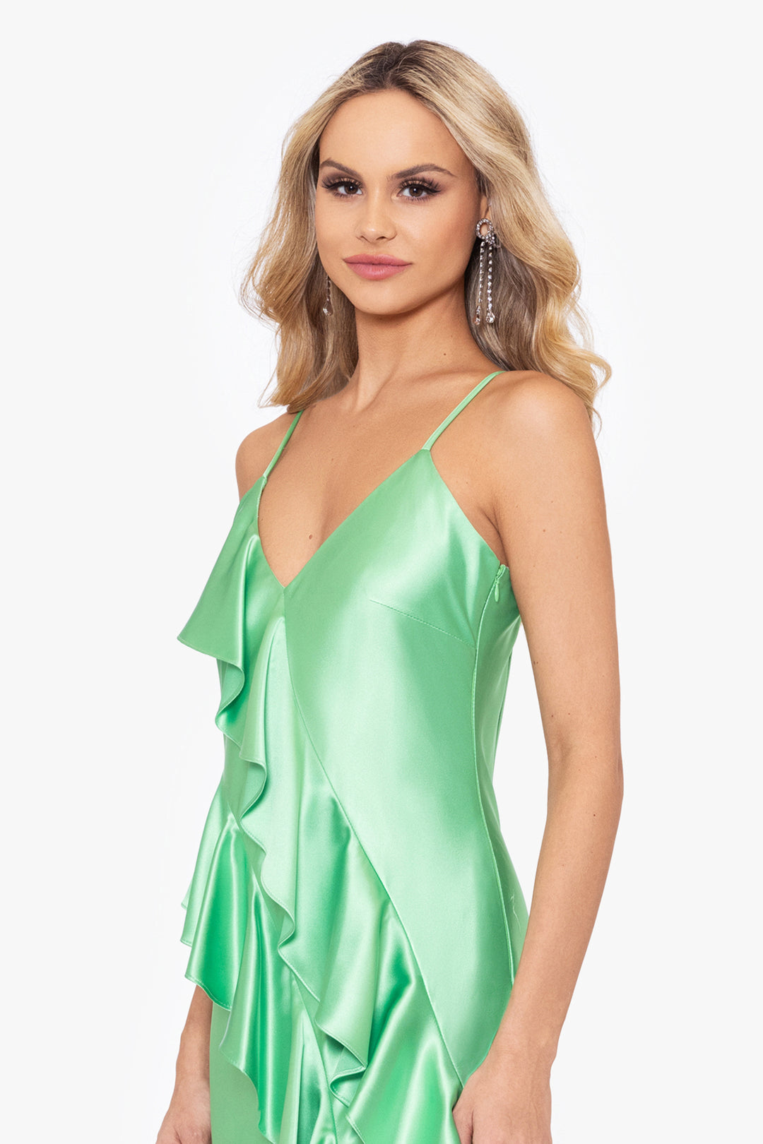 "Shayla" Long Charmeuse Spaghetti Ruffle Front Dress