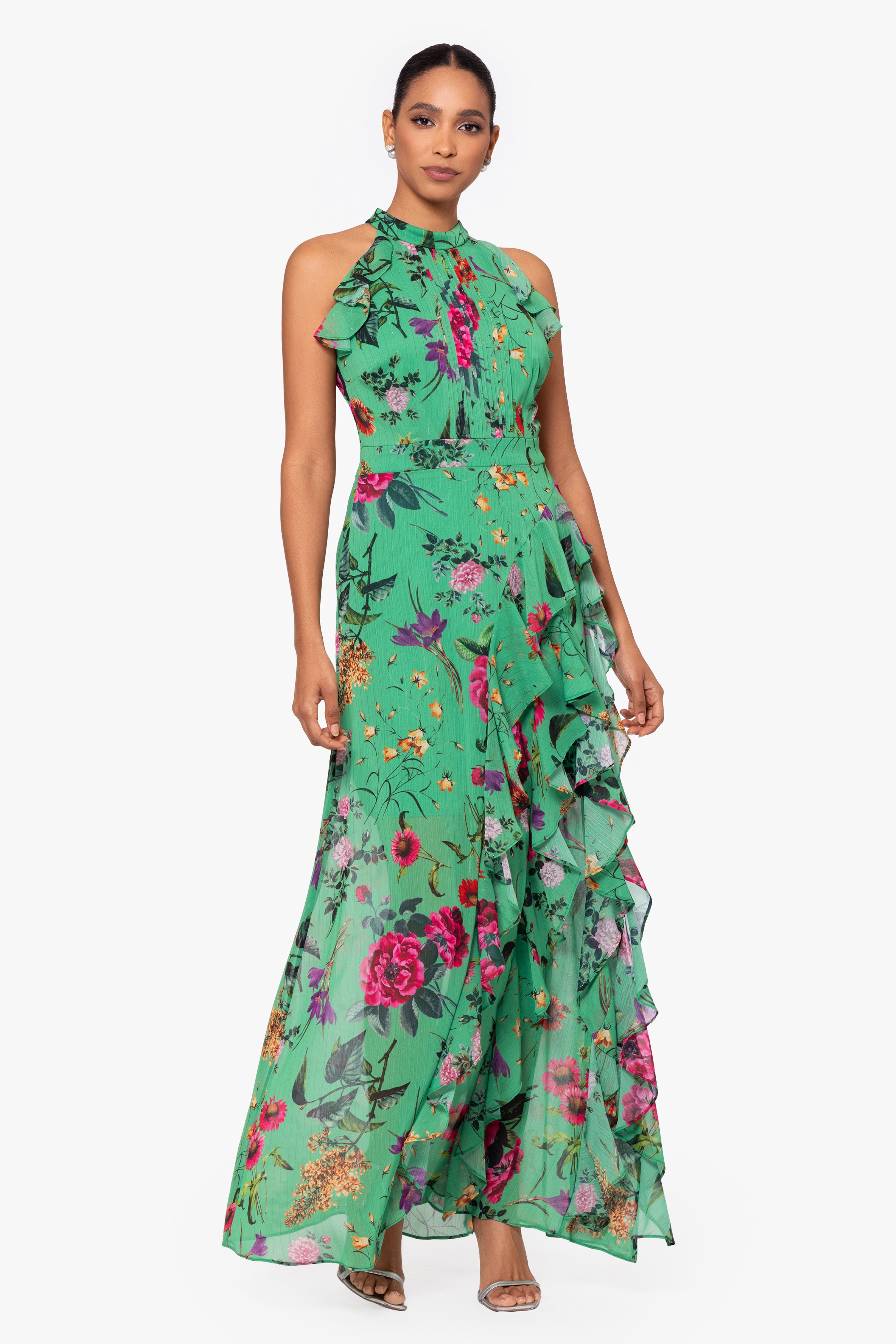 "Sandy" Long Chiffon Floral Ruffle Dress