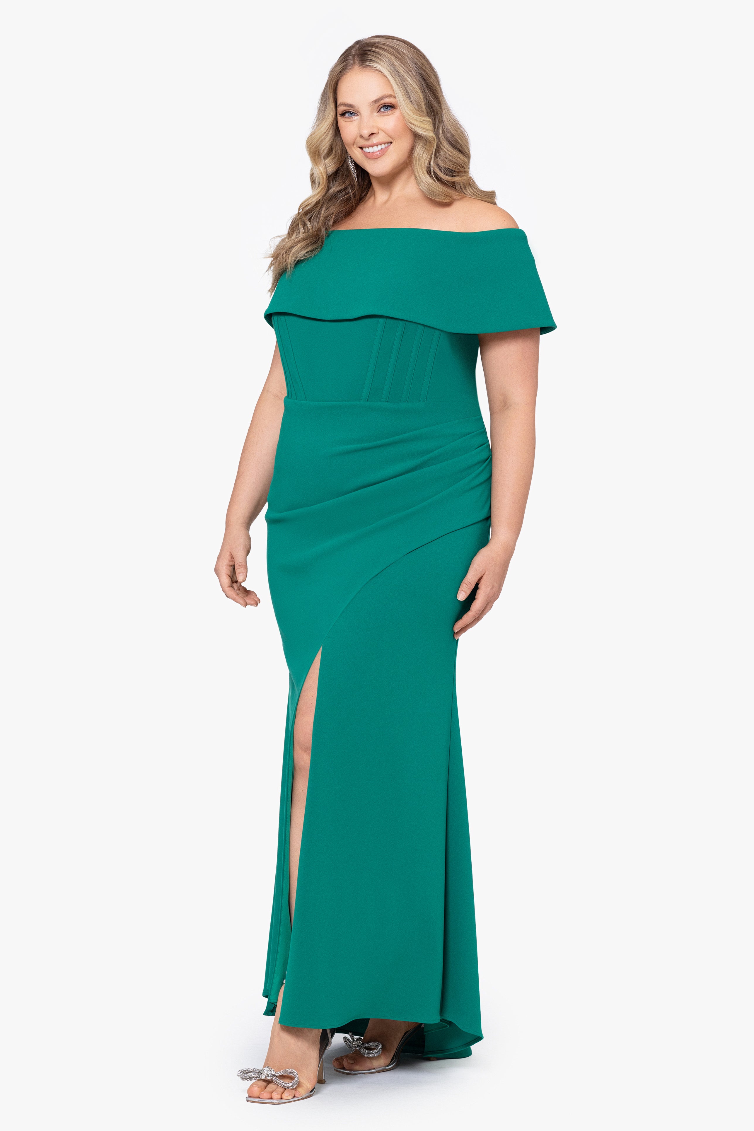 Plus "Ellie" Scuba Crepe Off the Shoulder Boning Gown