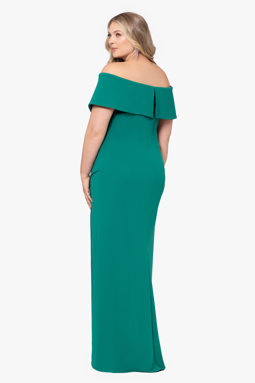 Plus "Ellie" Scuba Crepe Off the Shoulder Boning Gown