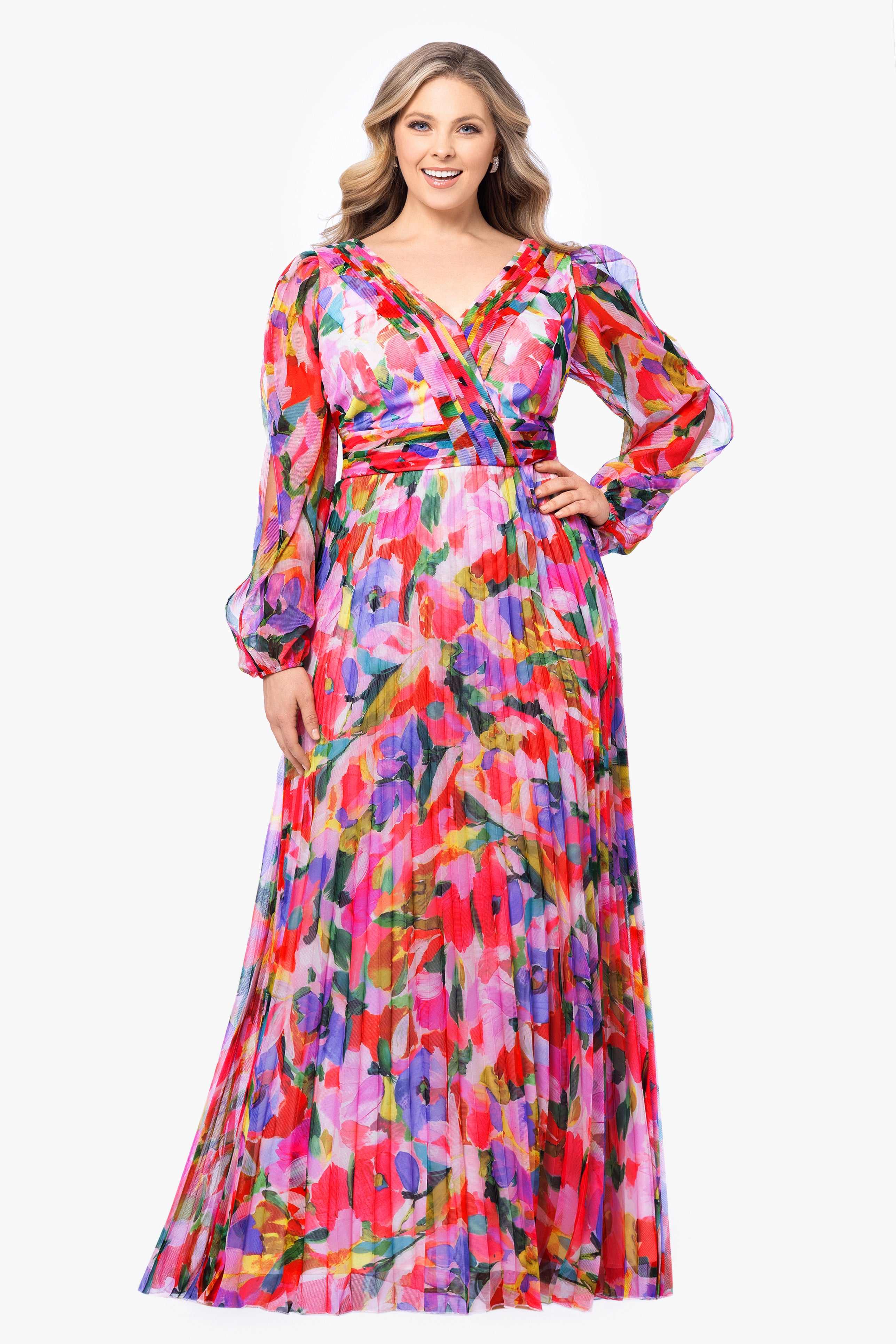 Plus "Amber" Long Sleeve Chiffon Print Floor Length Dress