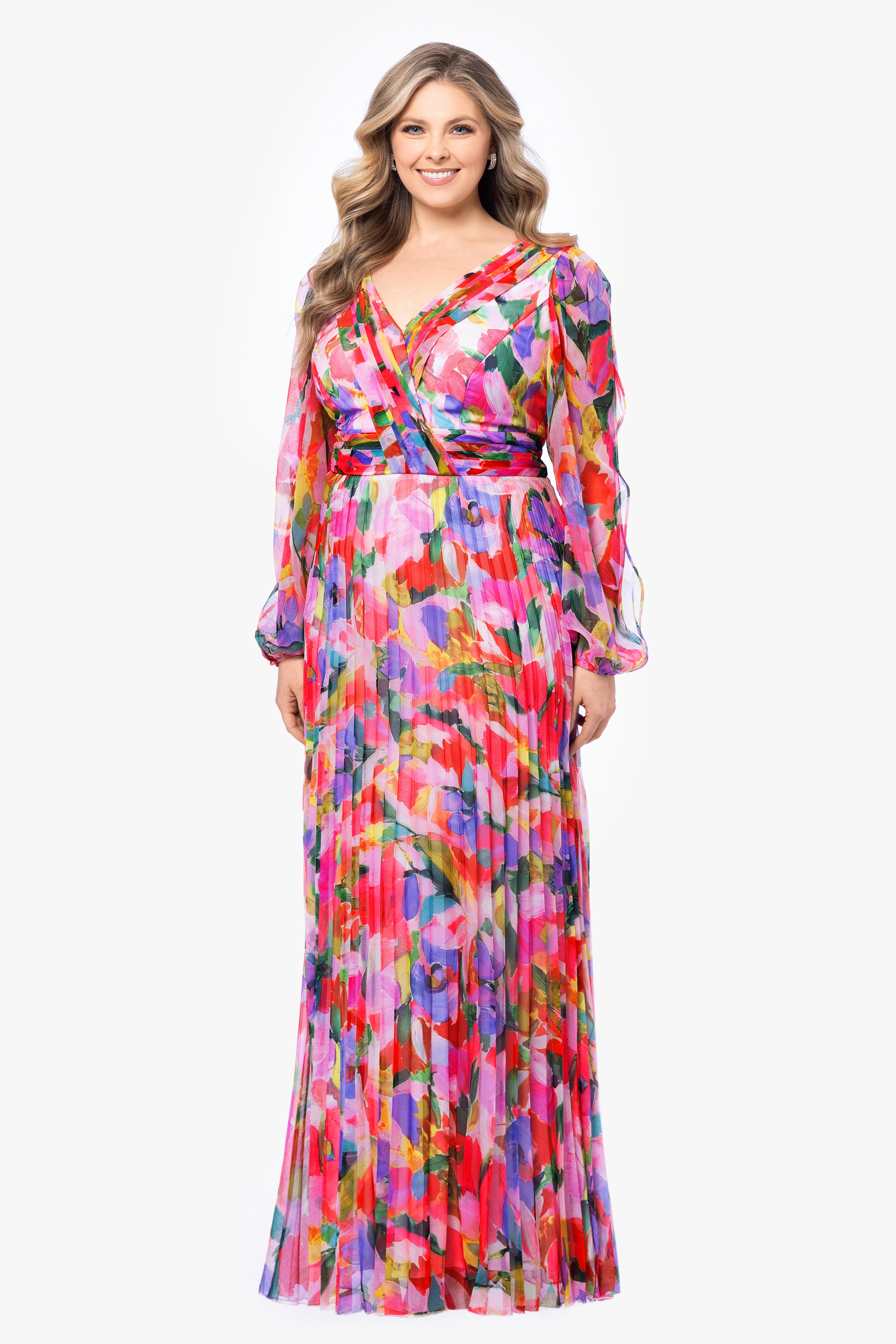 Plus "Amber" Long Sleeve Chiffon Print Floor Length Dress