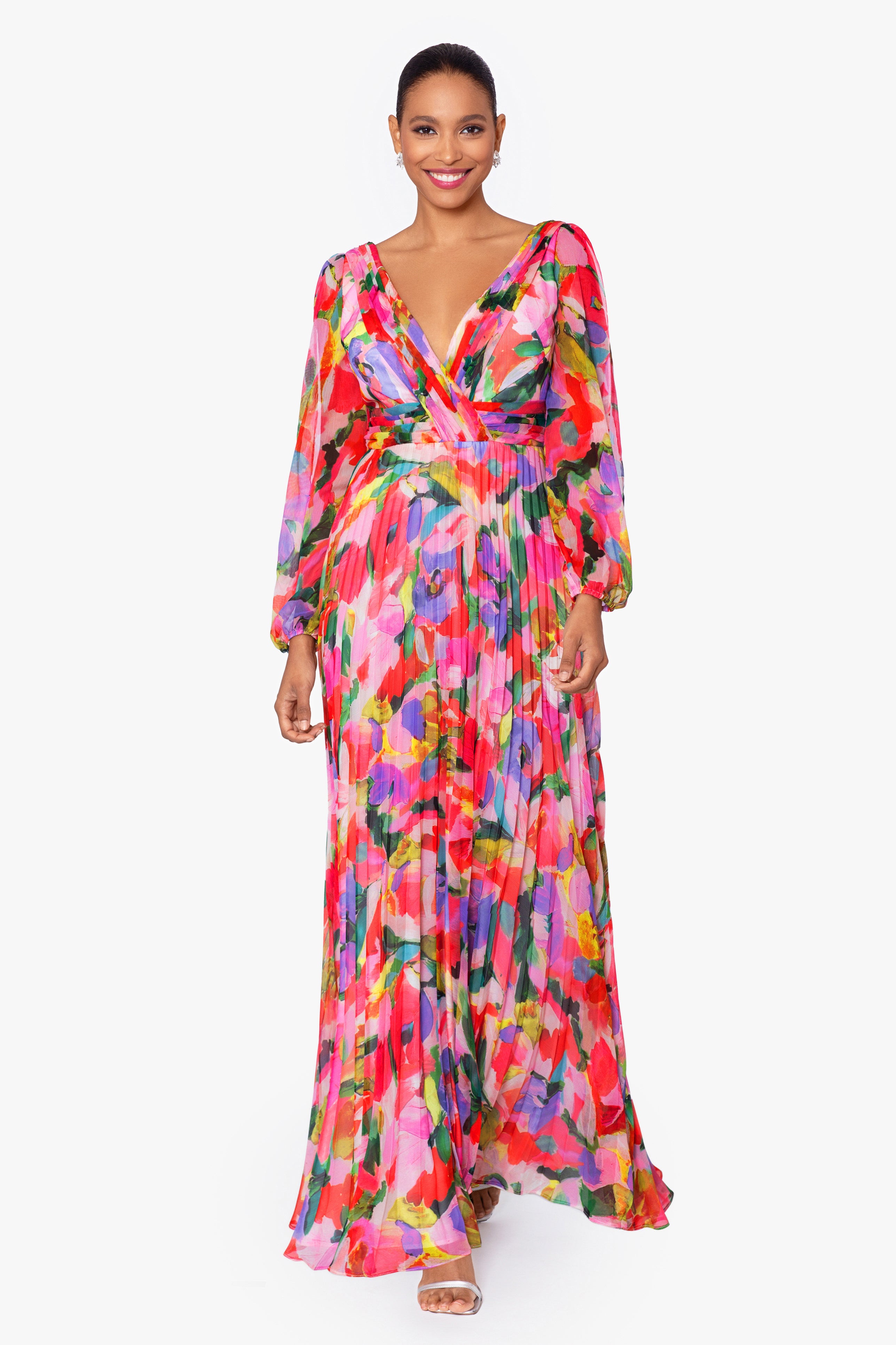 "Amber" Long Sleeve Chiffon Print Floor Length Dress