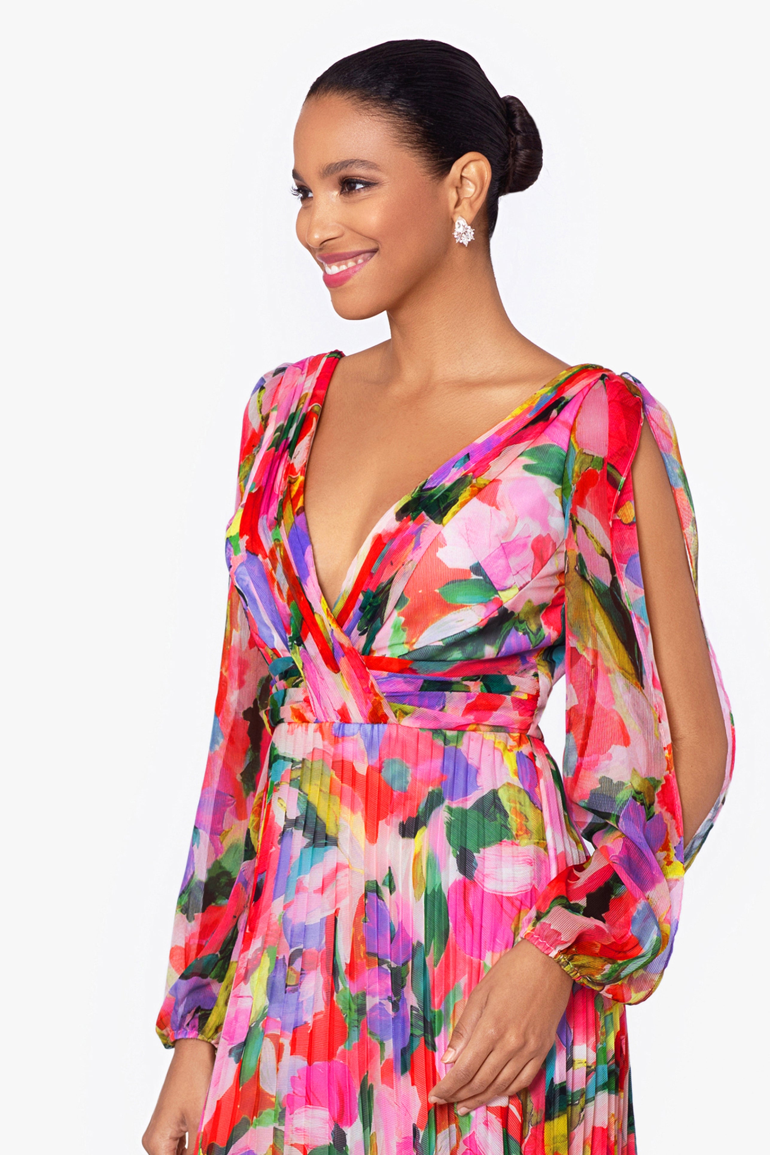 "Amber" Long Sleeve Chiffon Print Floor Length Dress