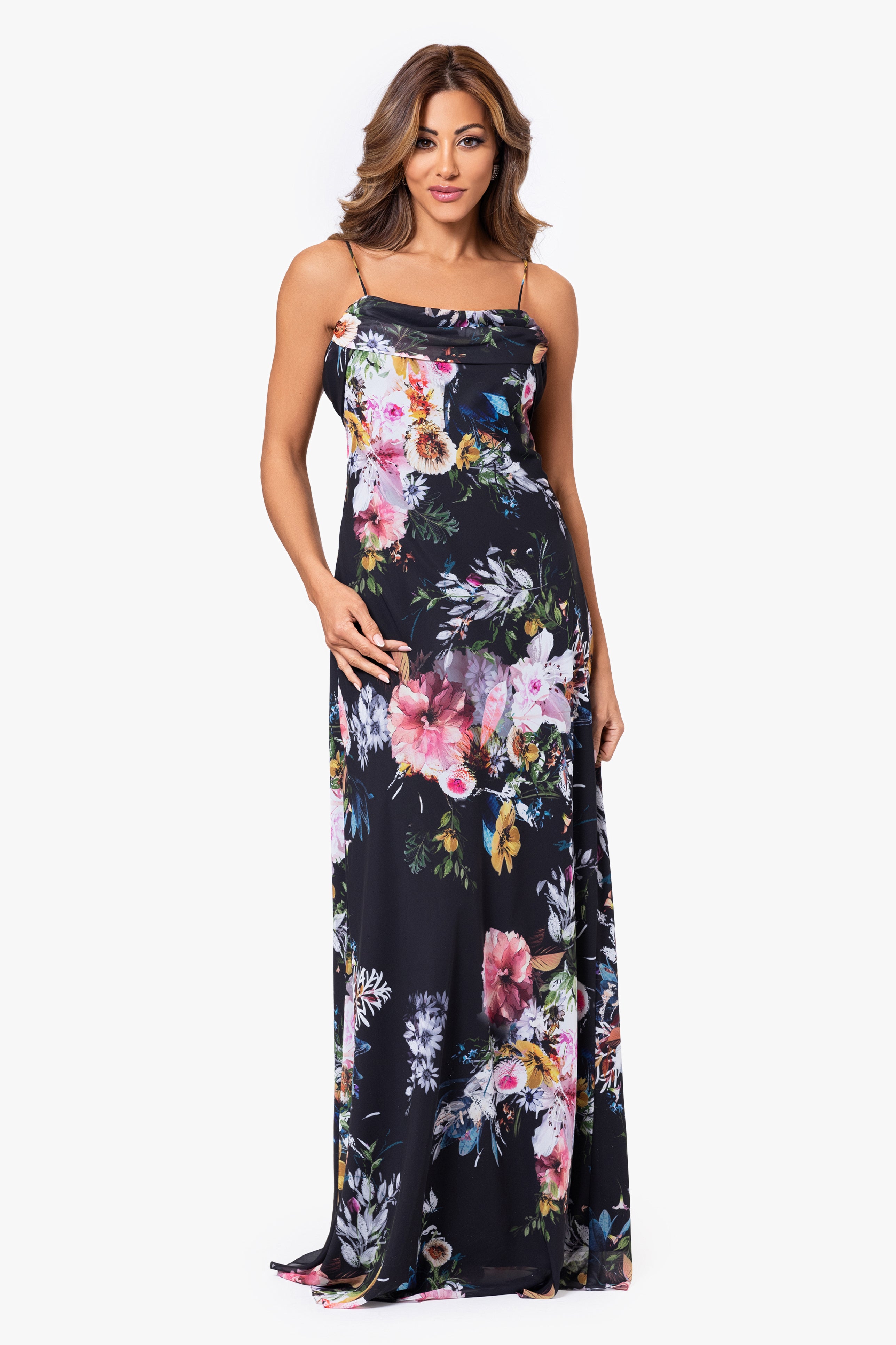 "Chelsea" Long Chiffon Drape Front Dress