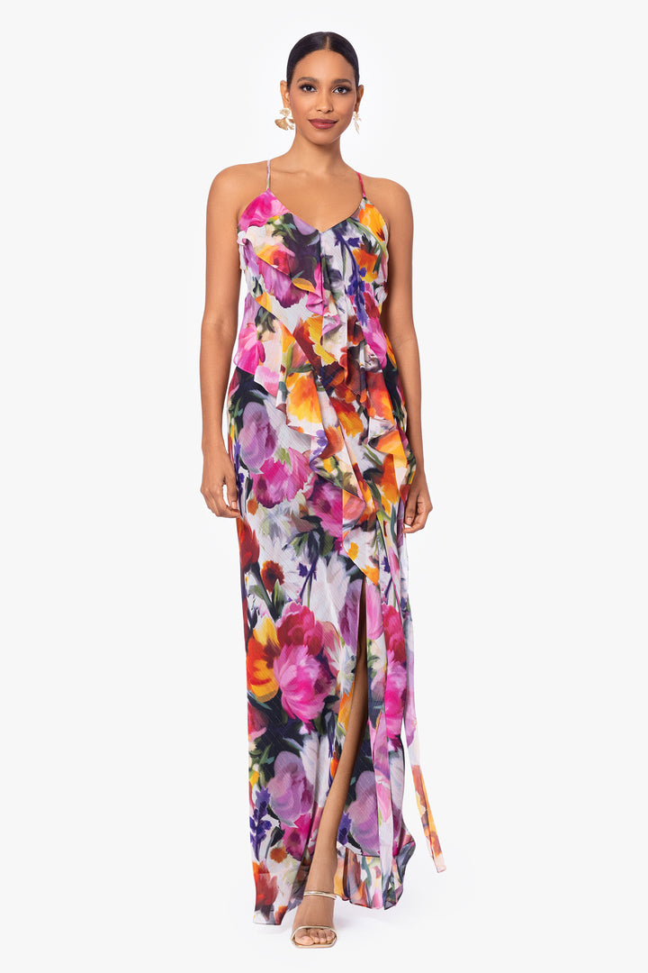 Petite "Mary" Long Chiffon Floral Print Dress