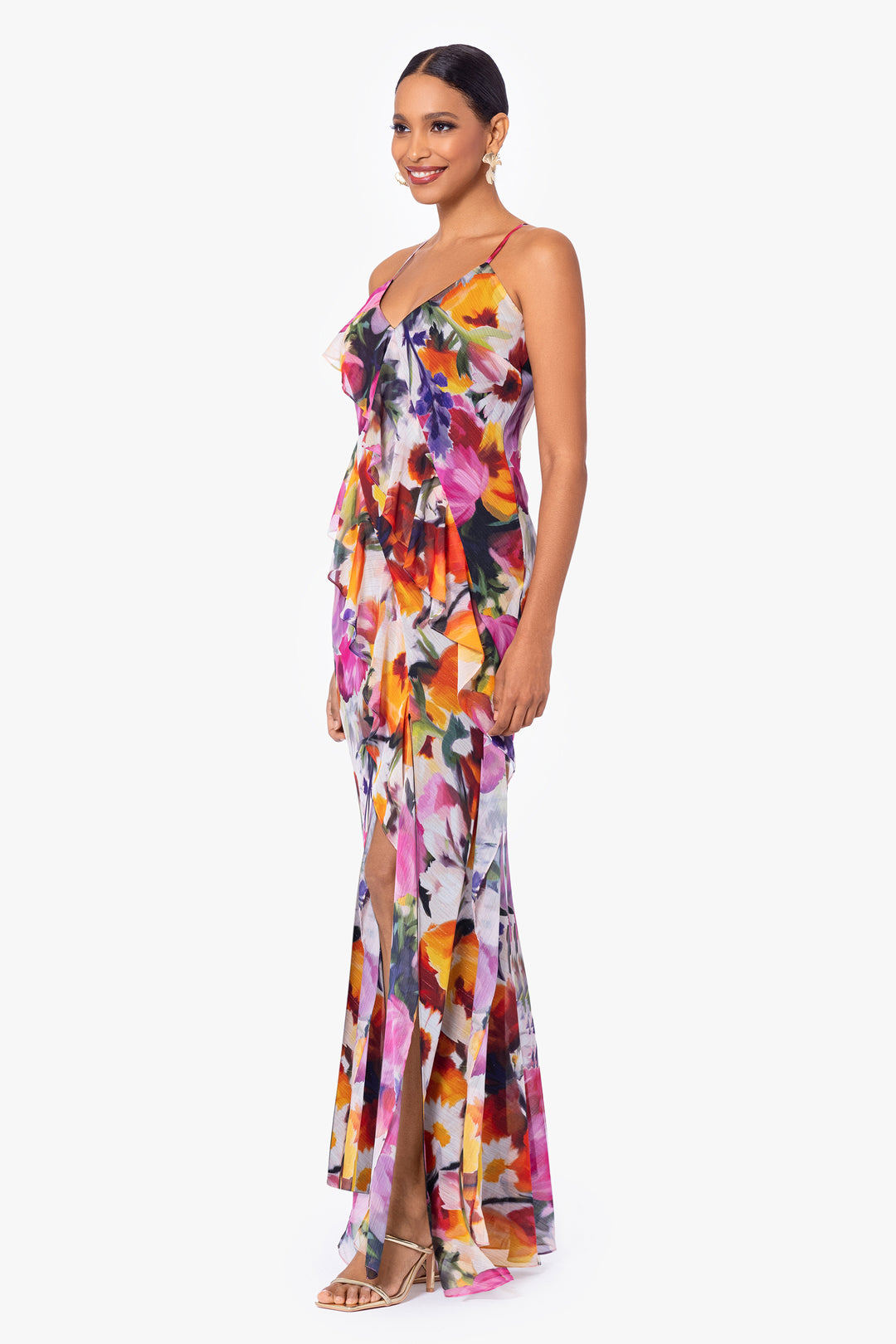 Petite "Mary" Long Chiffon Floral Print Dress