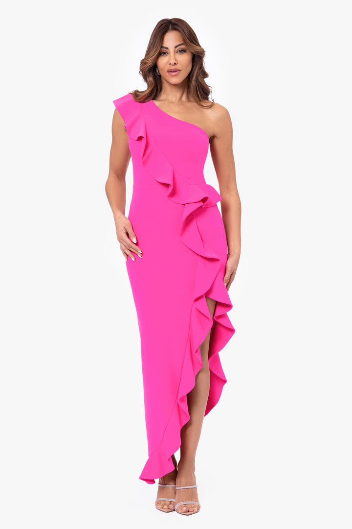 "Zola" Scuba Crepe Asymmetrical Ruffle Dress