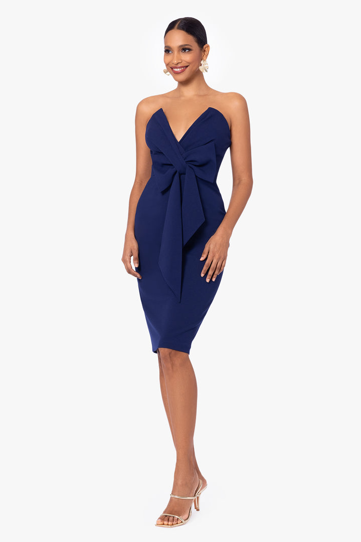 "Gloria" Short Scuba Crepe Strapless V-Neck Bow Dress