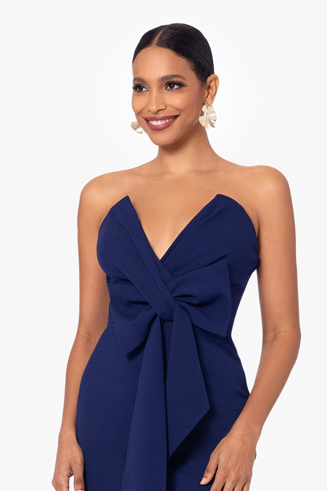 "Gloria" Short Scuba Crepe Strapless V-Neck Bow Dress