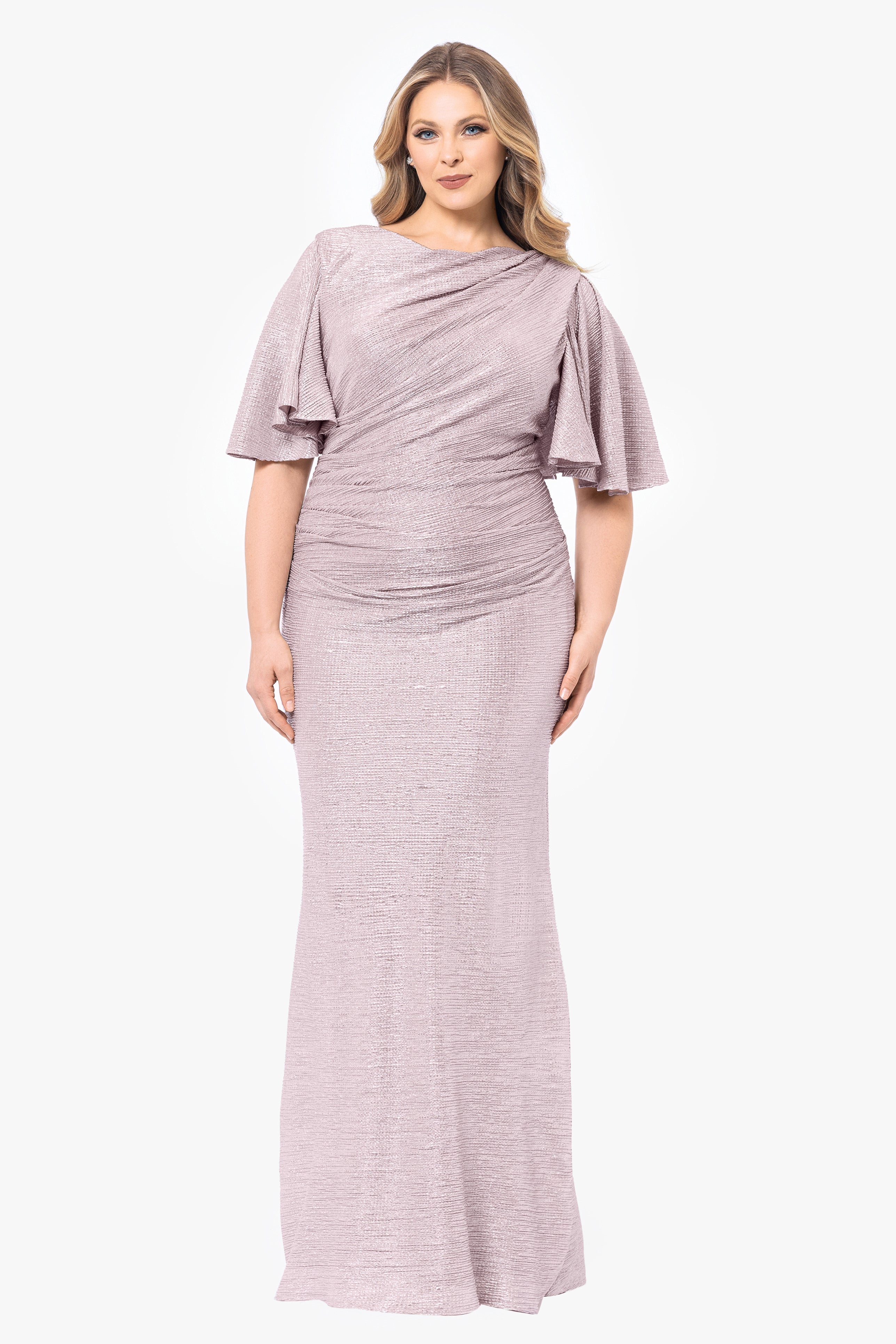 Plus "Demetria" Long Metallic Flutter Sleeve Dress