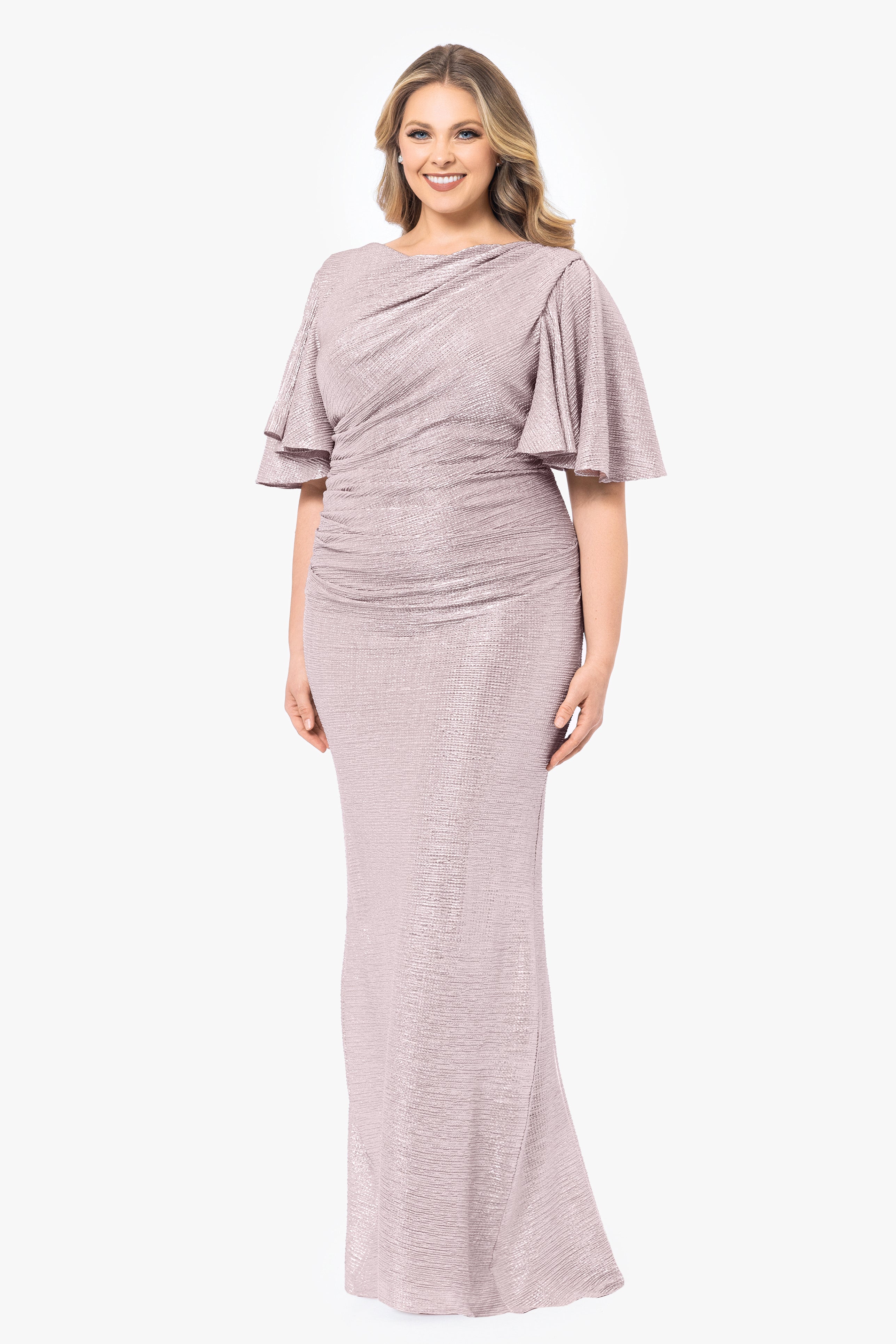 Plus "Demetria" Long Metallic Flutter Sleeve Dress