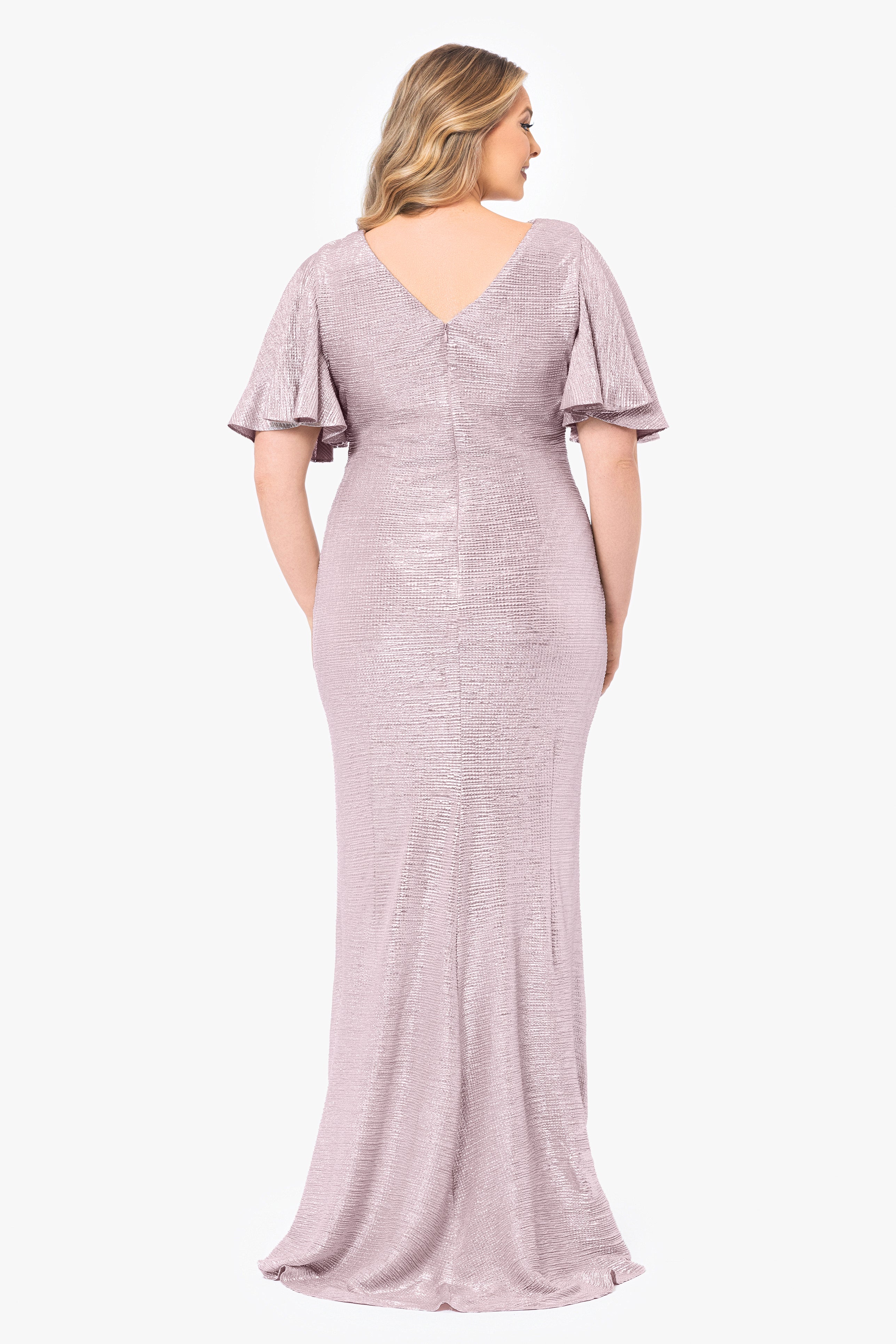 Plus "Demetria" Long Metallic Flutter Sleeve Dress