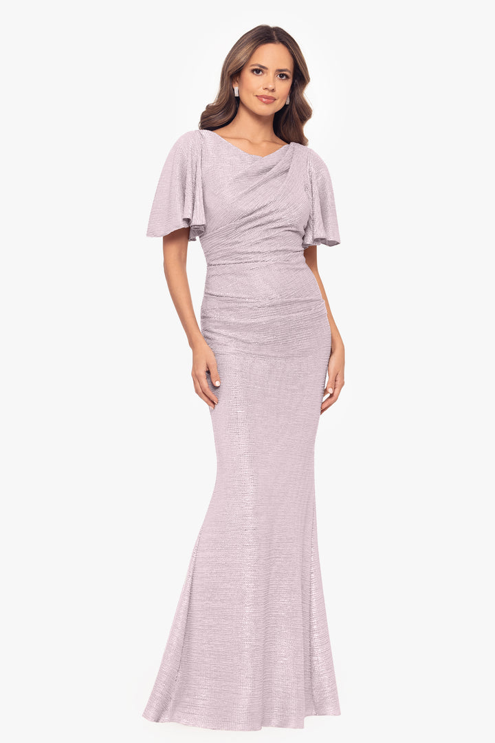 "Demetria" Long Metallic Flutter Sleeve Dress