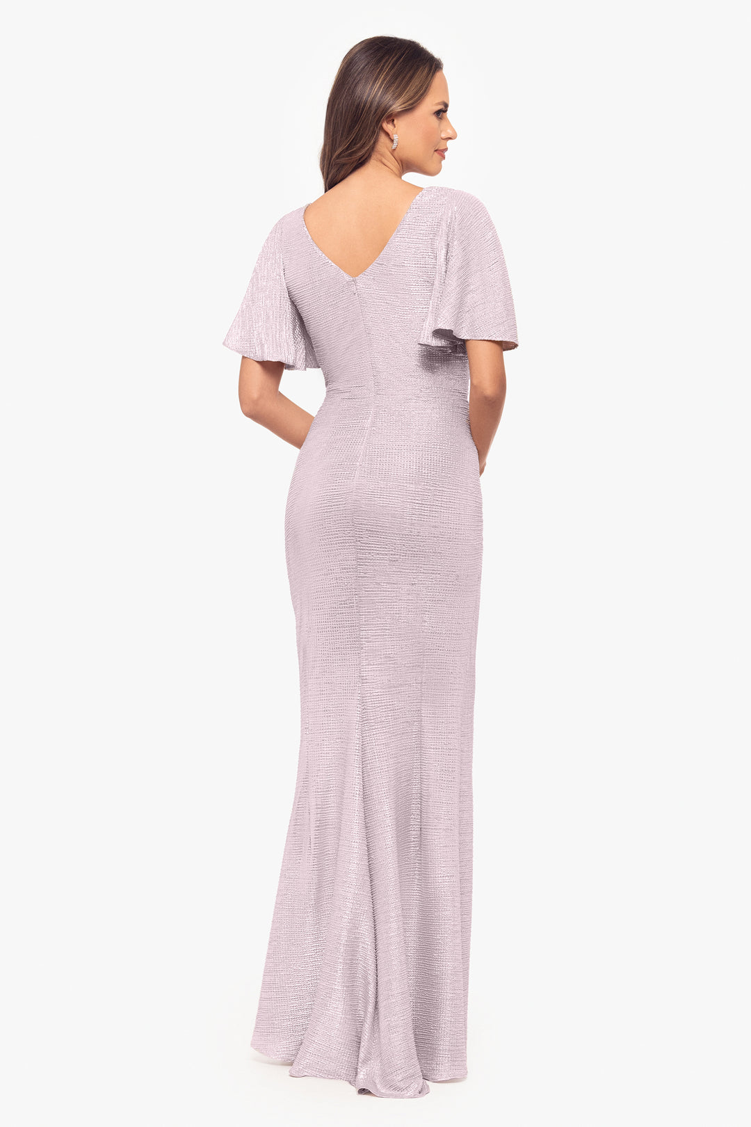 "Demetria" Long Metallic Flutter Sleeve Dress