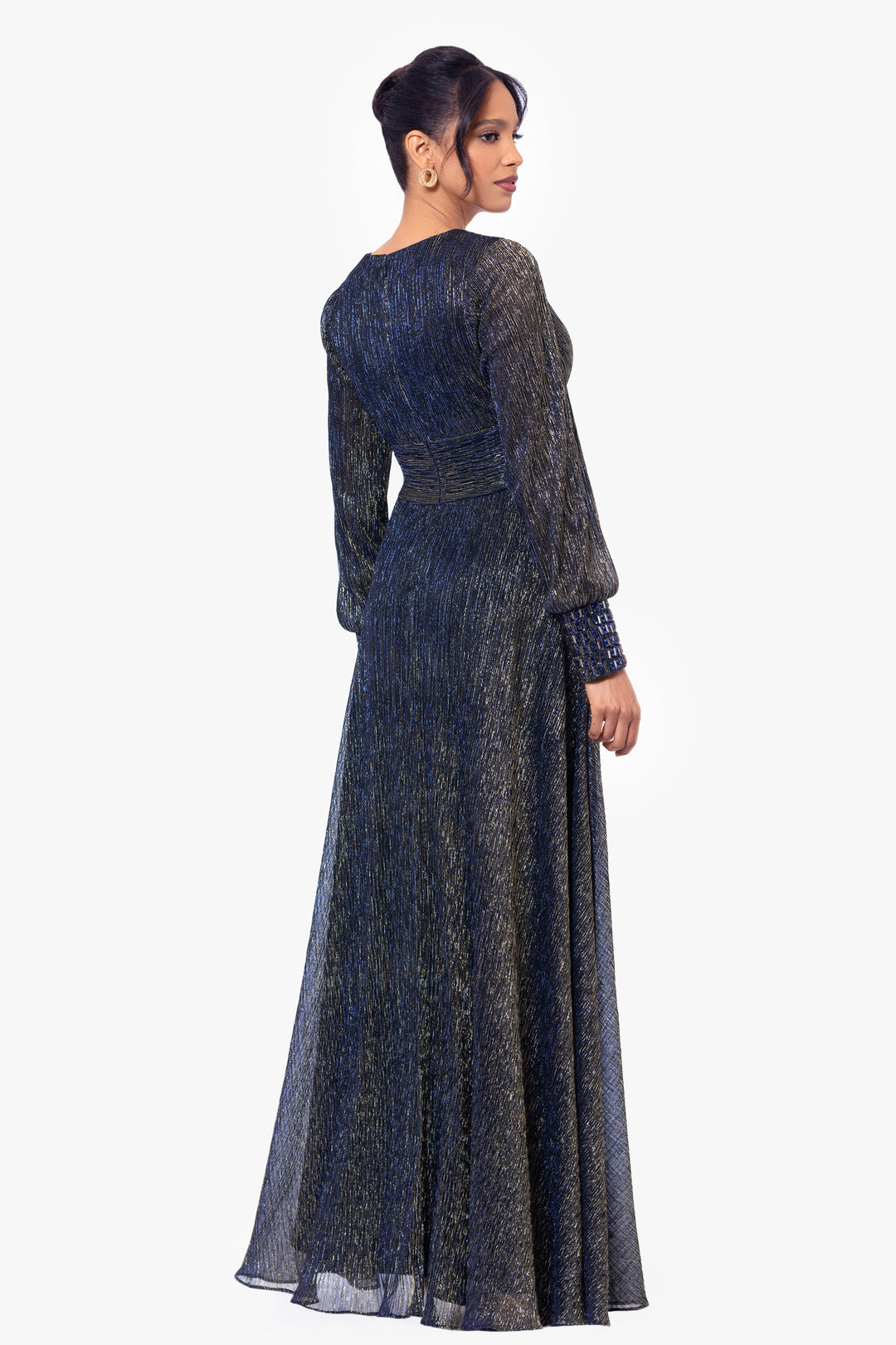 "Clarise" Long Sleeve Galaxy Pleated Foil Gown