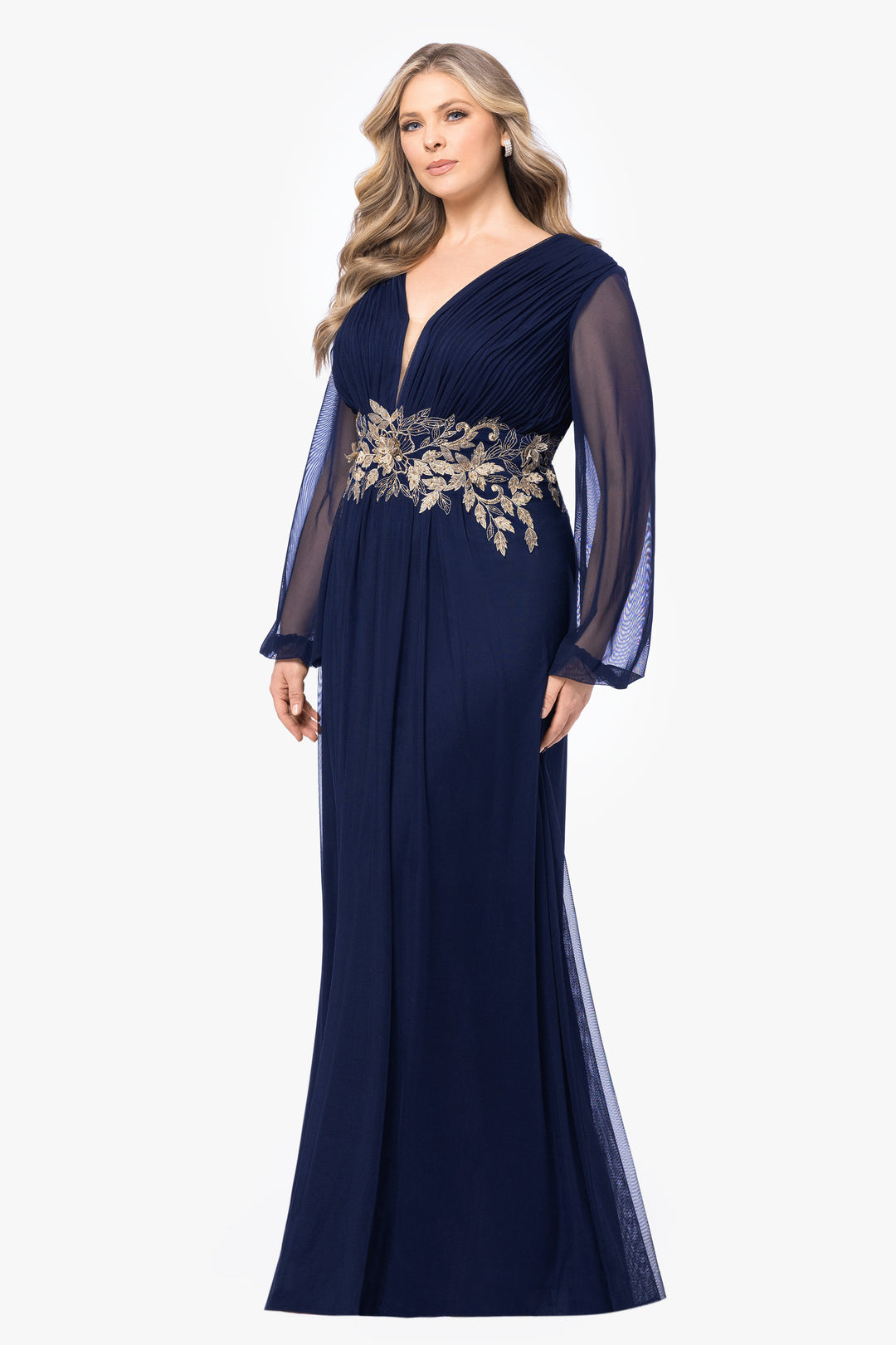 Plus "Rebecca" Long Sleeve Embroidered Mesh Gown