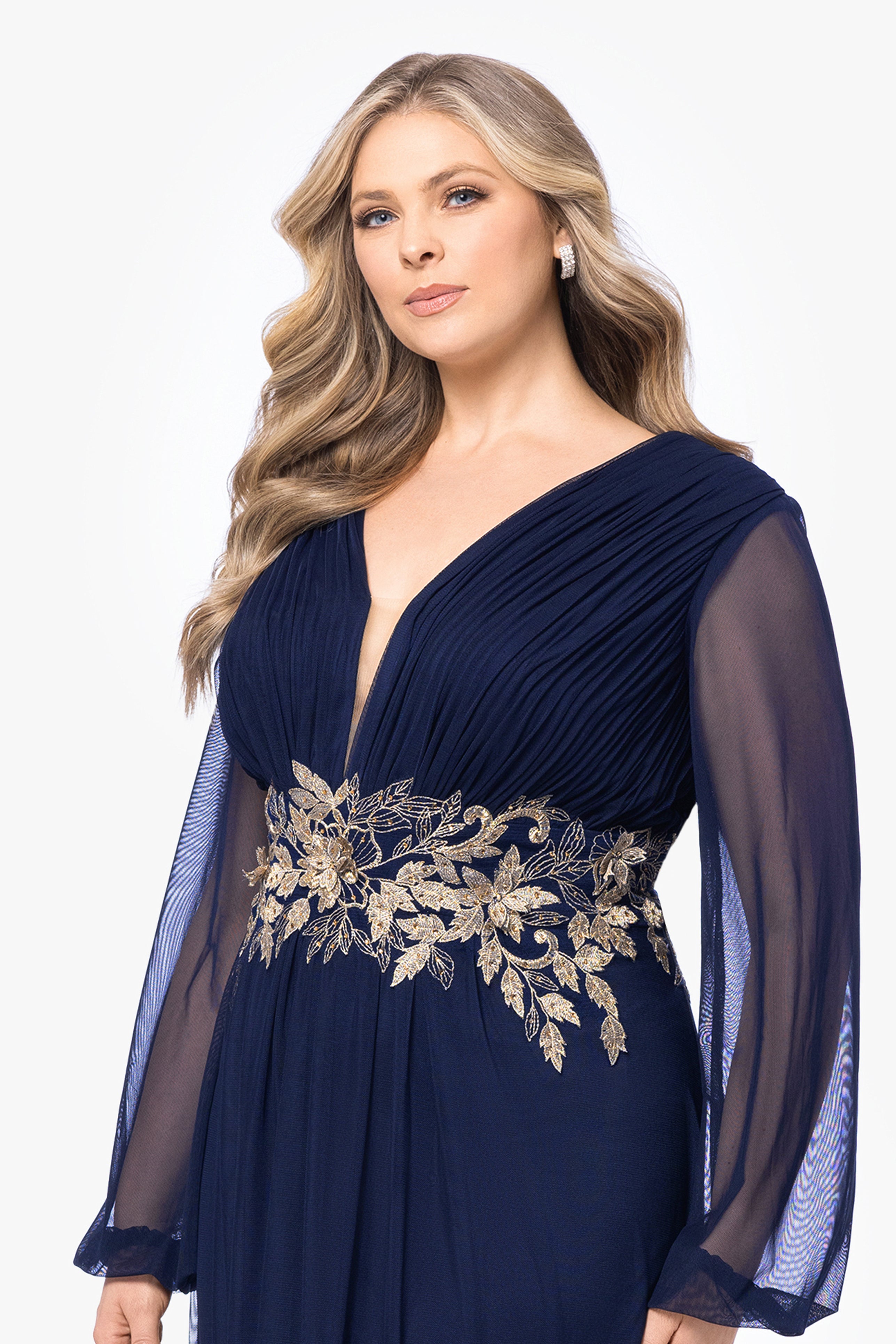 Plus "Rebecca" Long Sleeve Embroidered Mesh Gown