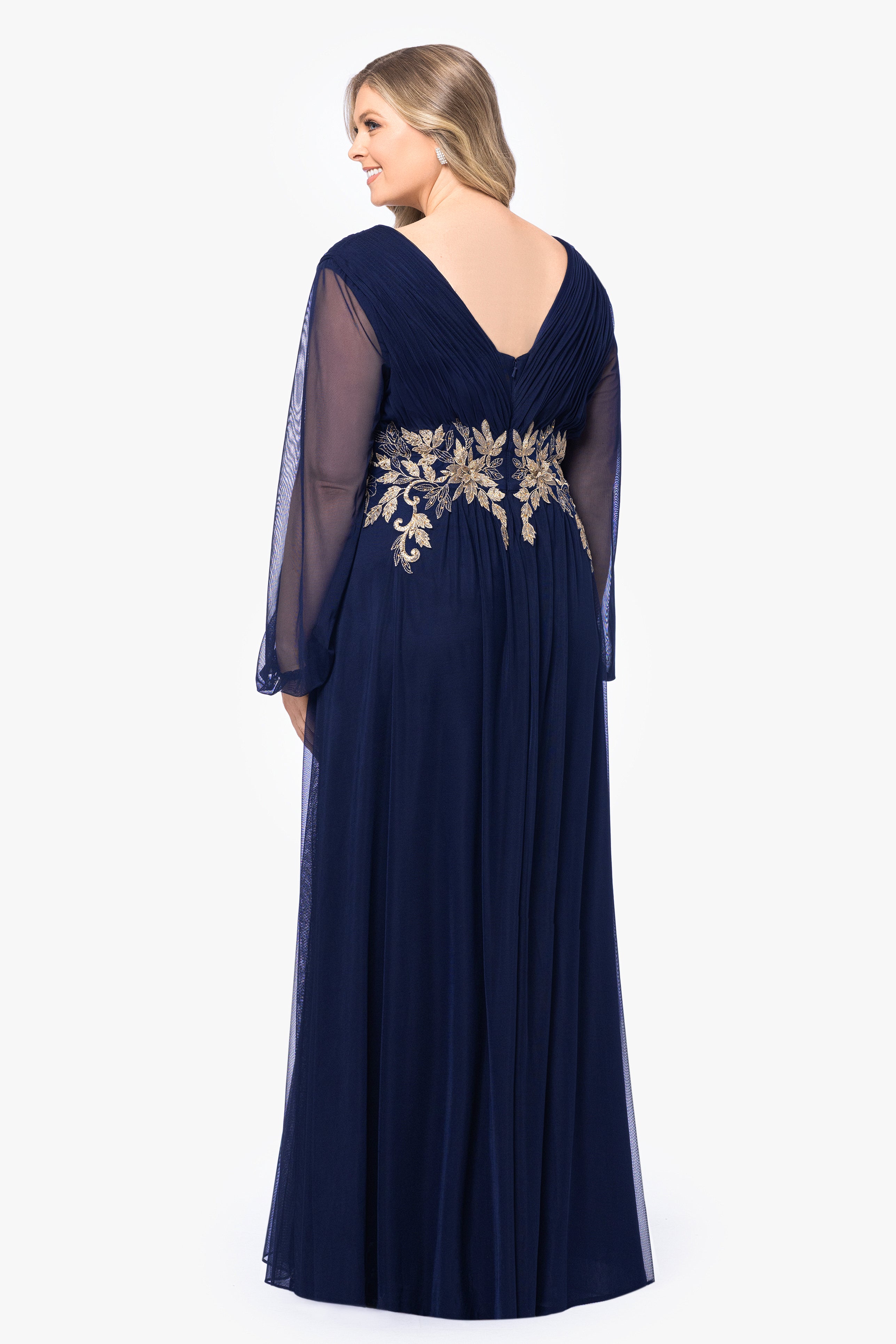 Plus "Rebecca" Long Sleeve Embroidered Mesh Gown