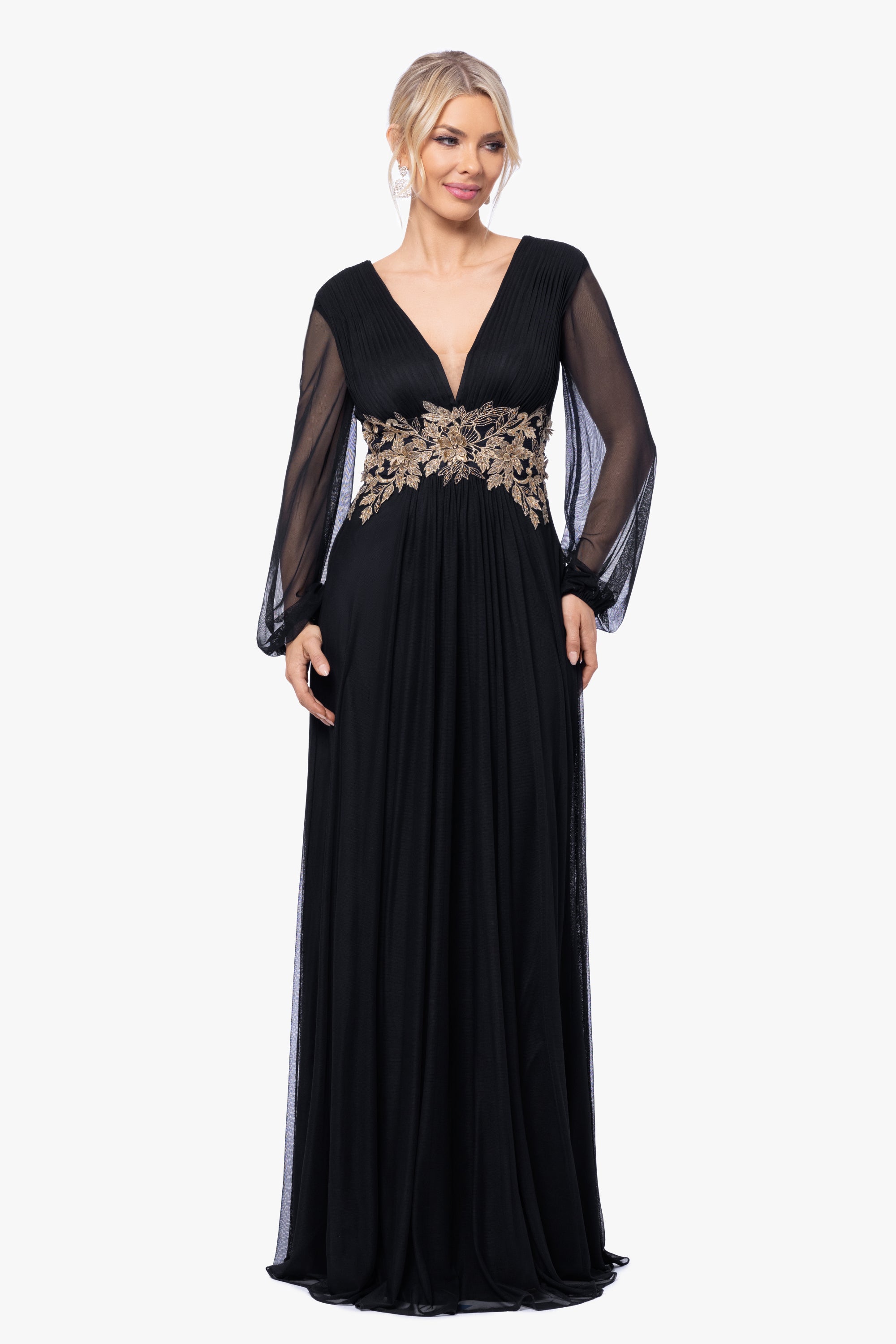 "Rebecca" Long Sleeve Mesh Floor Length Gown