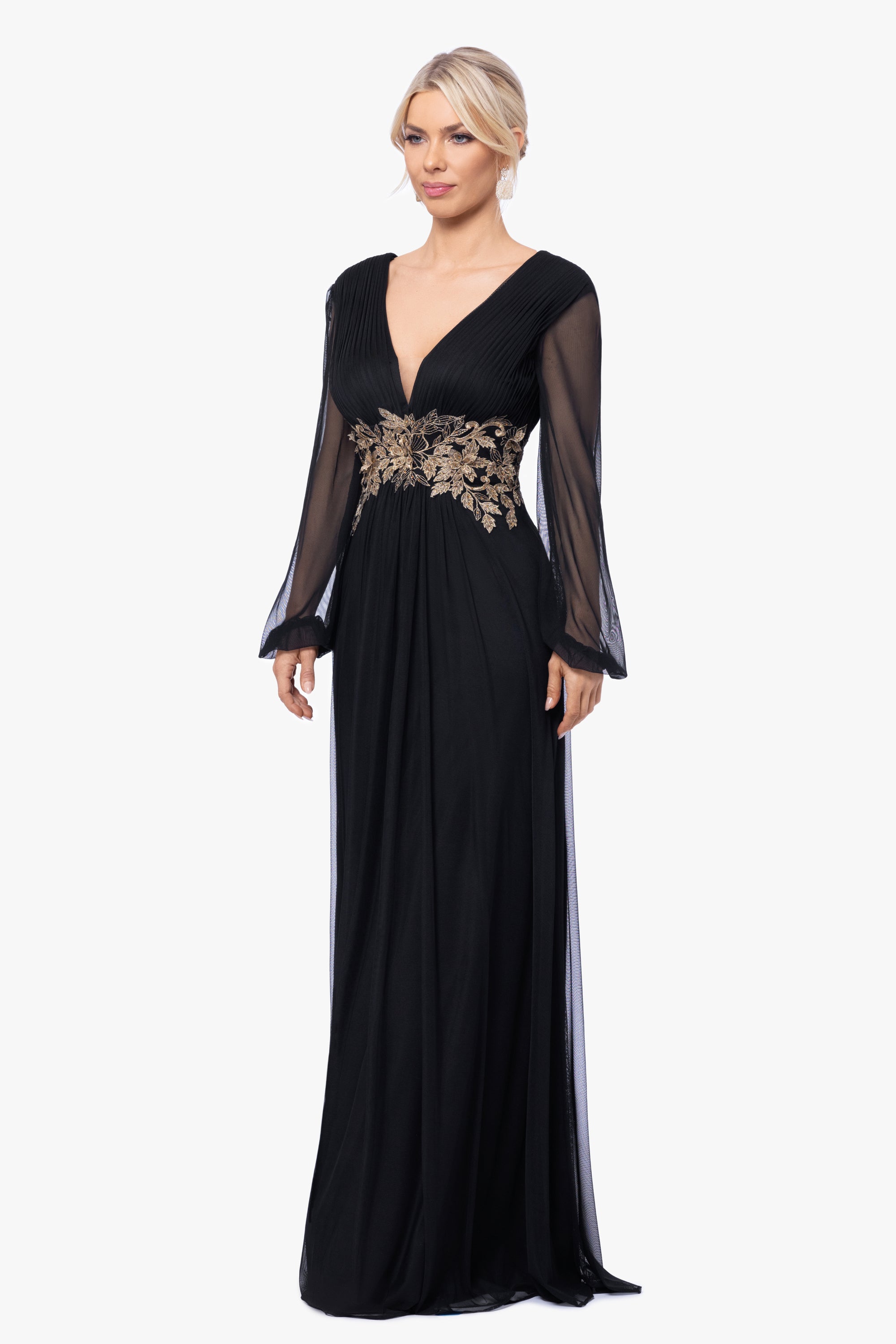 "Rebecca" Long Sleeve Mesh Floor Length Gown