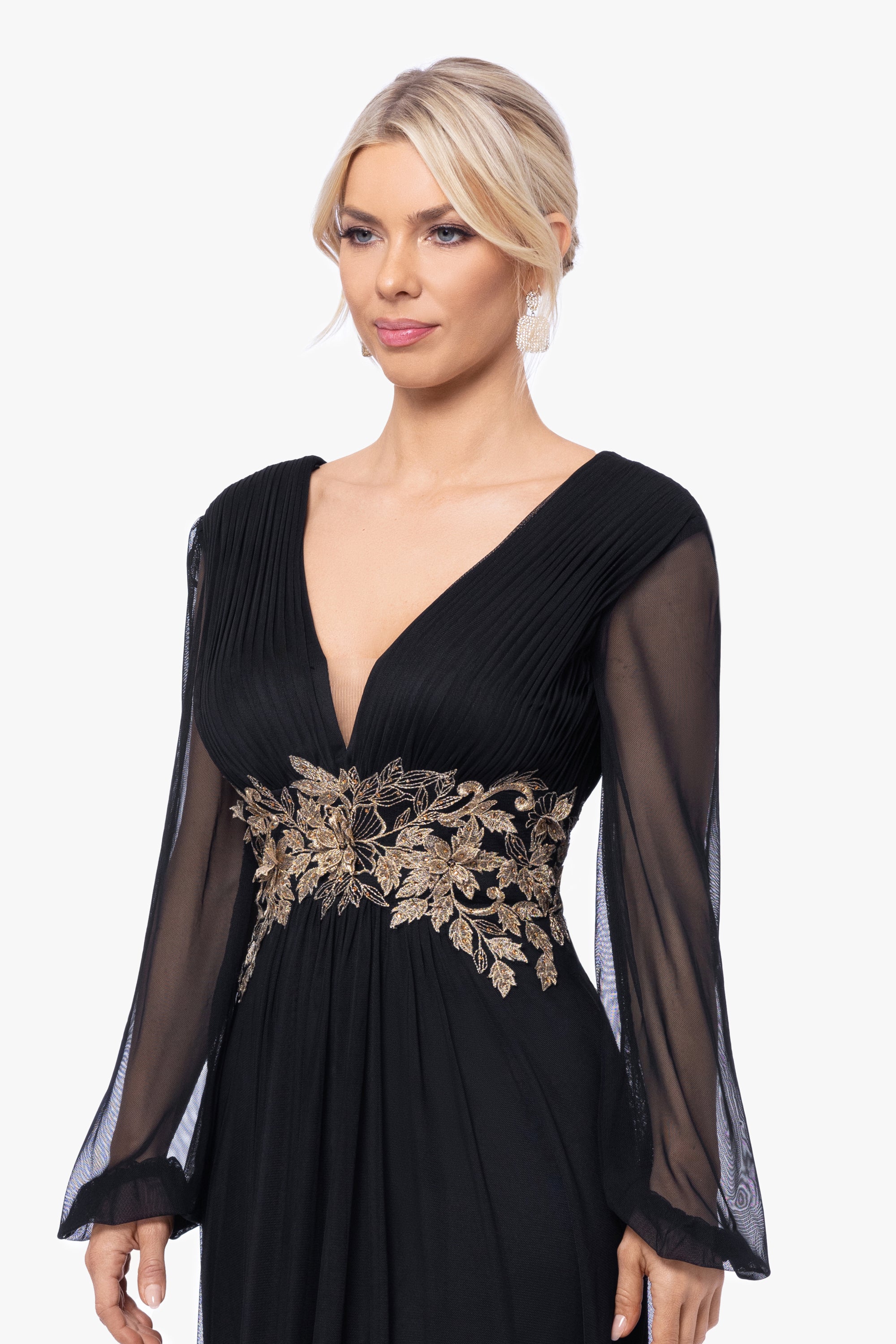 "Rebecca" Long Sleeve Mesh Floor Length Gown