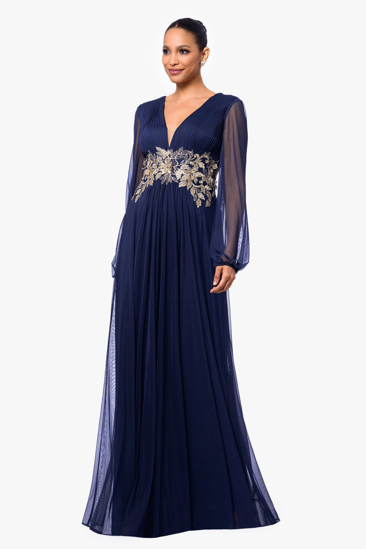 "Rebecca" Long Sleeve Mesh Floor Length Gown