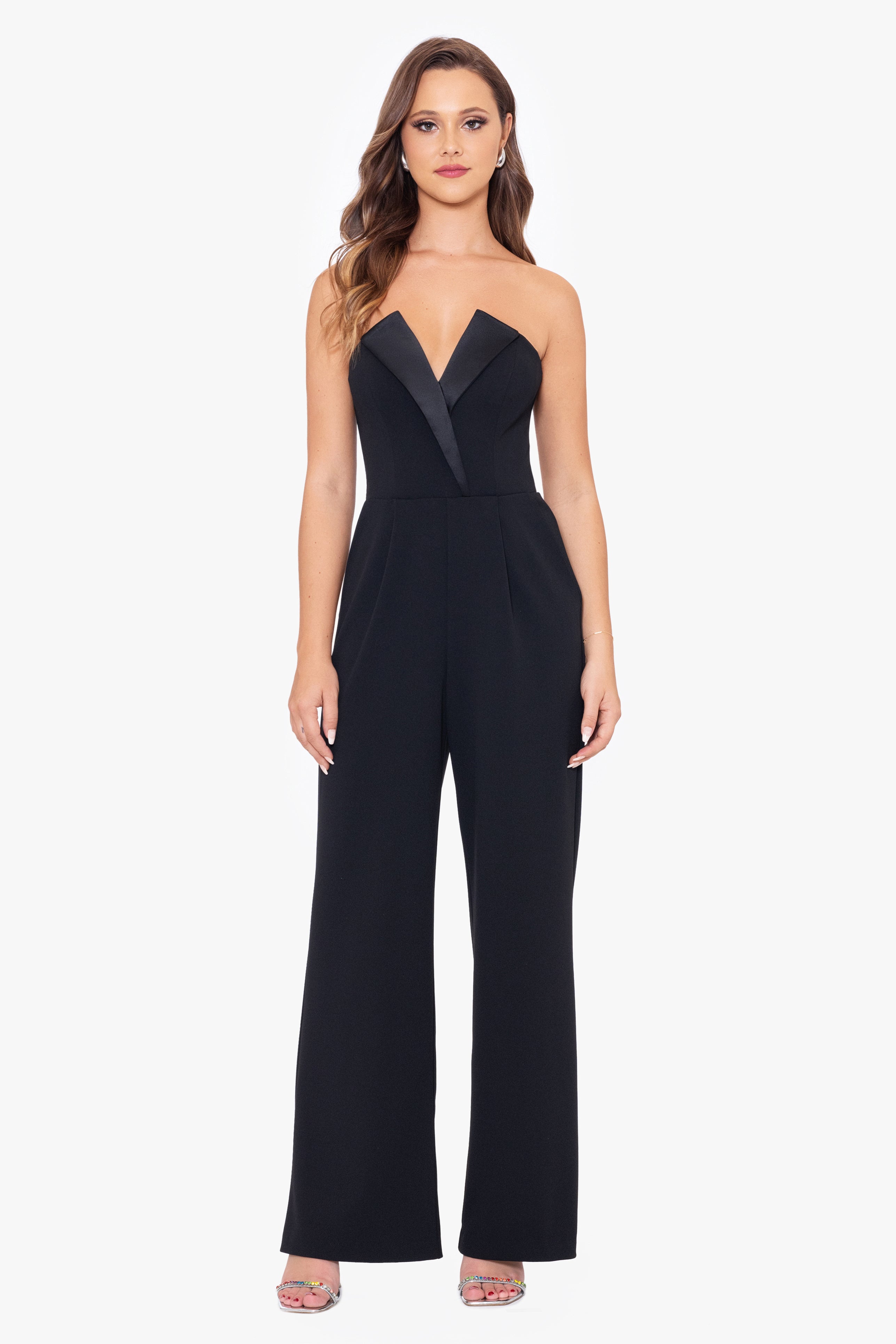 Petite "Tasha" Long Strapless Tuxedo Jumpsuit