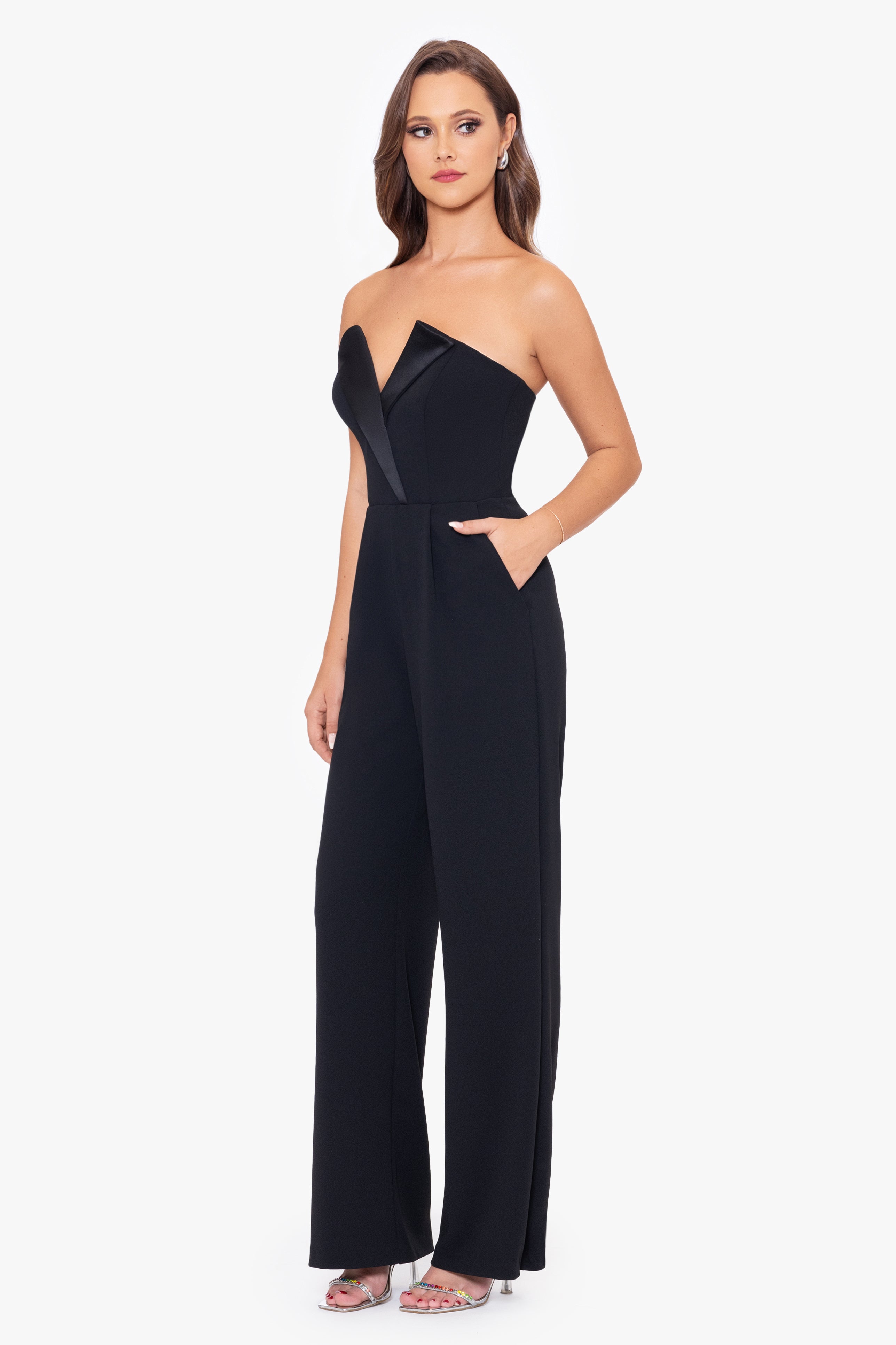 Petite "Tasha" Long Strapless Tuxedo Jumpsuit