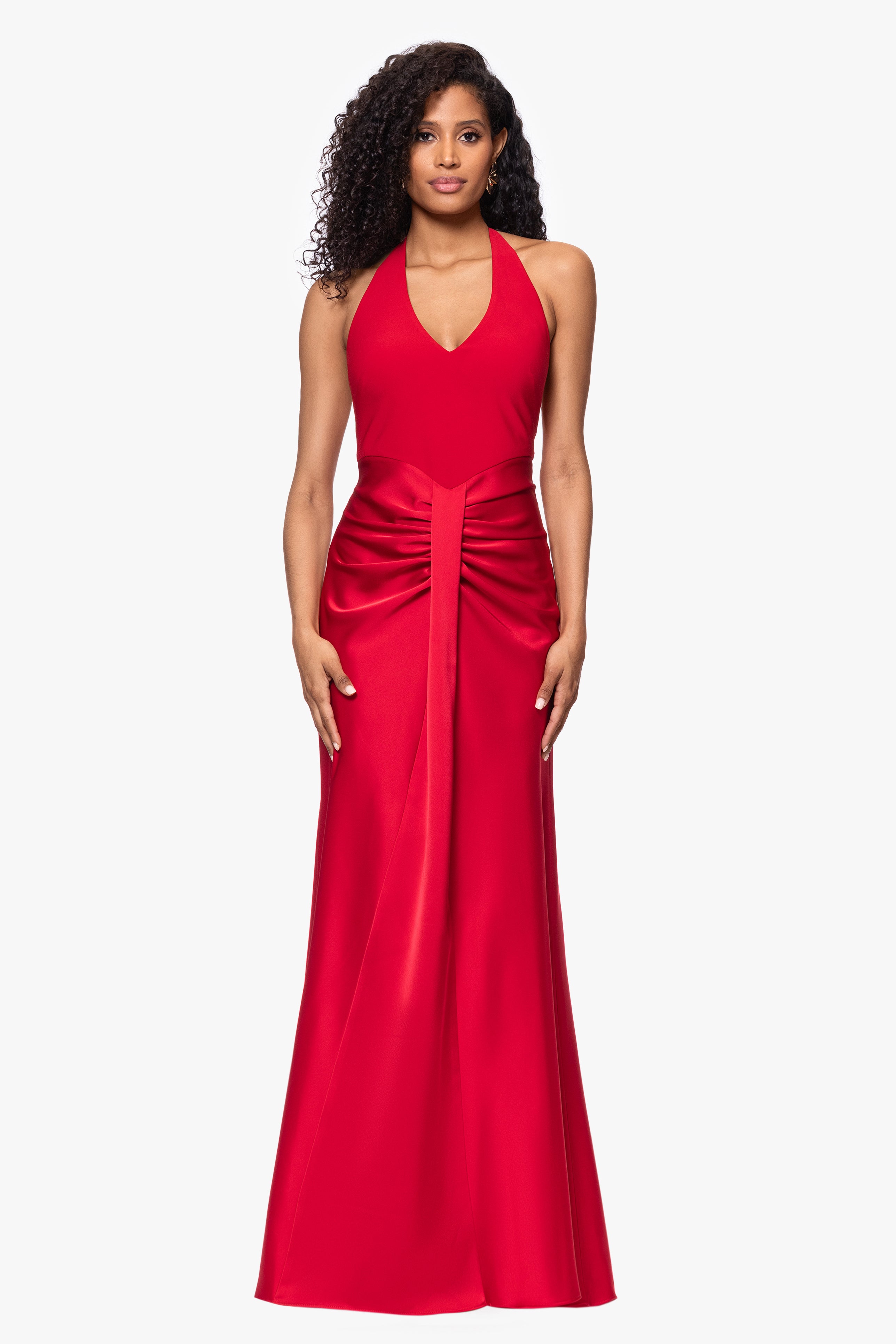 "Roxy" Jersey Knit Halter Neck With Satin Skirt Floor Length Dress