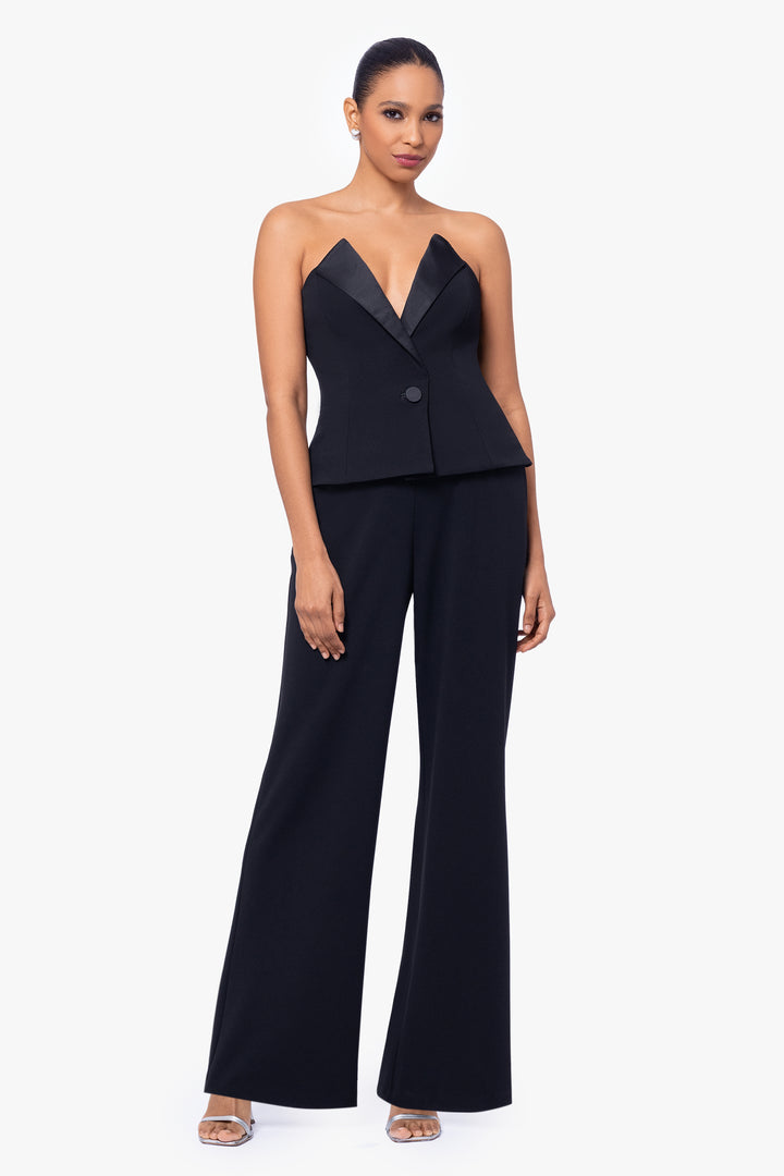 "Farrah" Deep V-Neck Strapless Scuba Crepe Tuxedo Jumpsuit