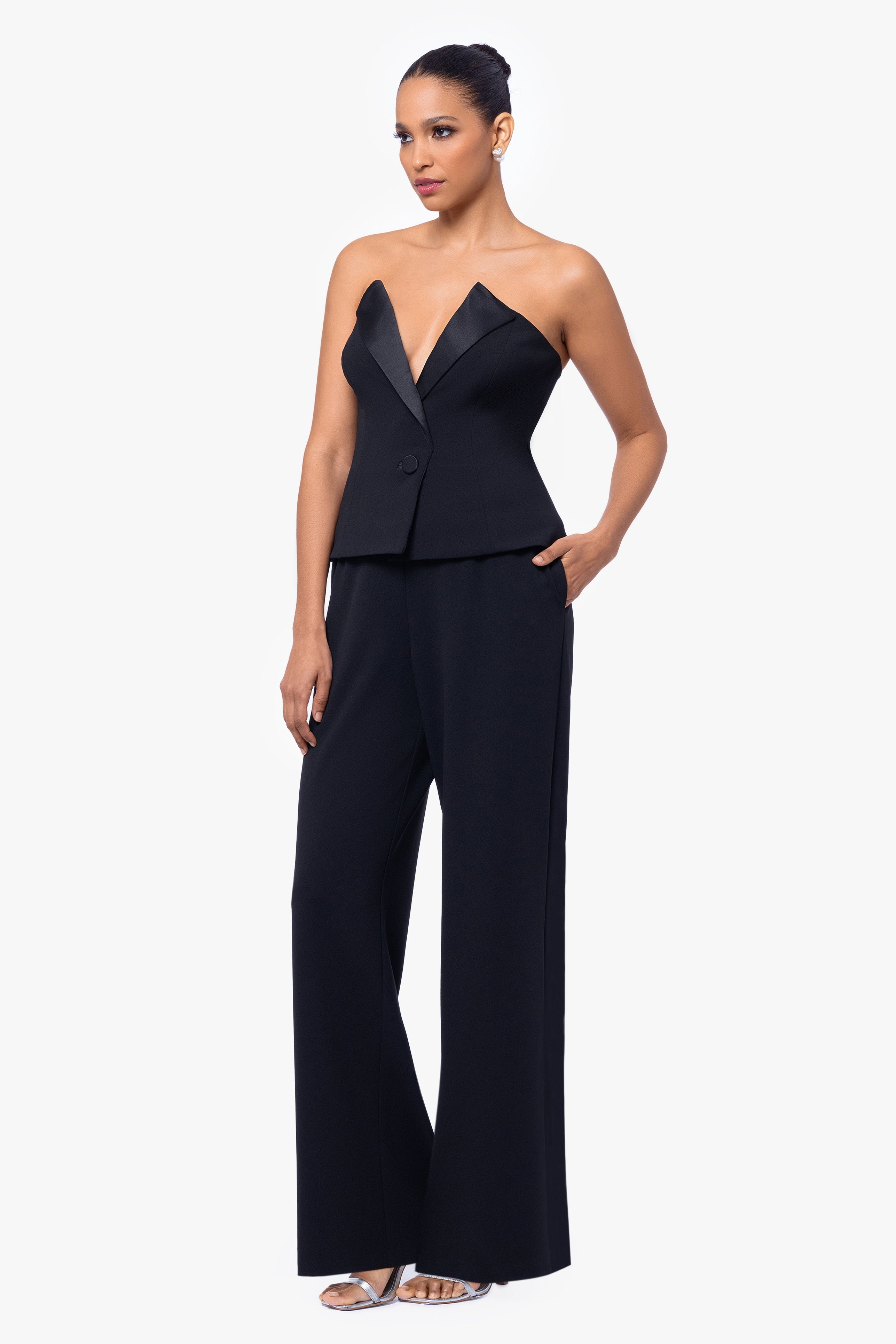 "Farrah" Deep V-Neck Strapless Scuba Crepe Tuxedo Jumpsuit