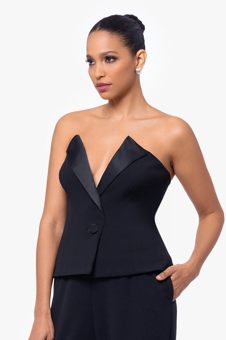 "Farrah" Deep V-Neck Strapless Scuba Crepe Tuxedo Jumpsuit