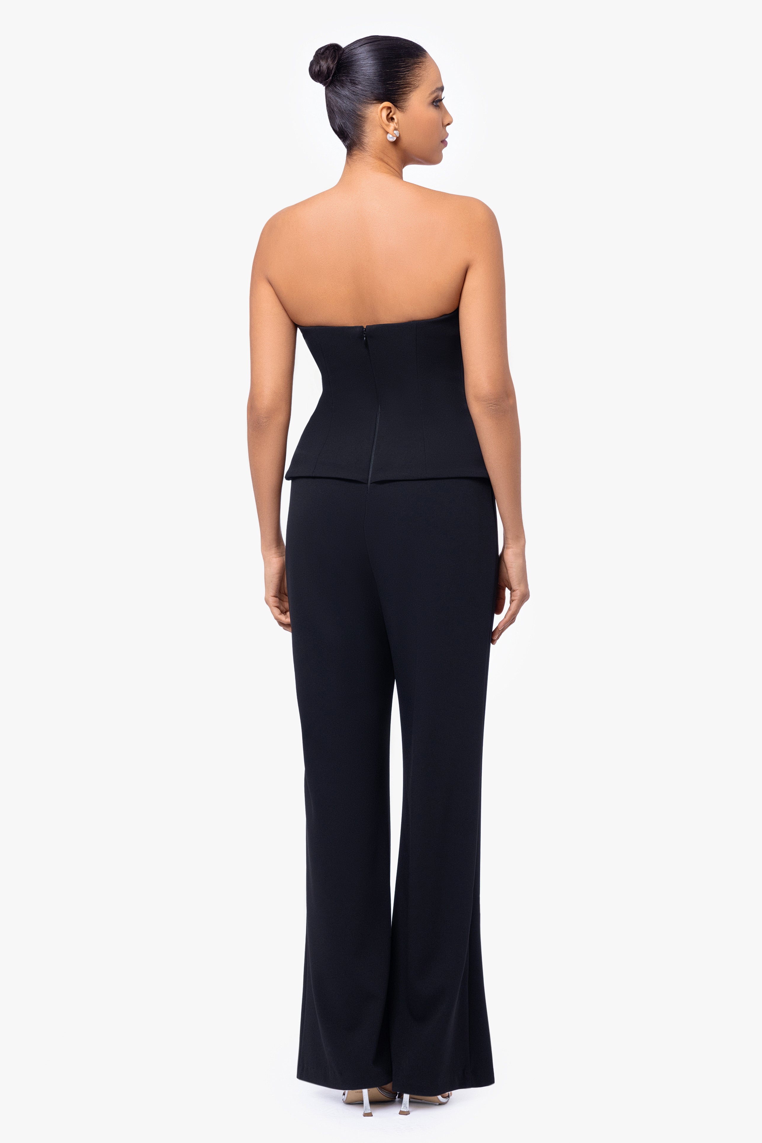 "Farrah" Deep V-Neck Strapless Scuba Crepe Tuxedo Jumpsuit