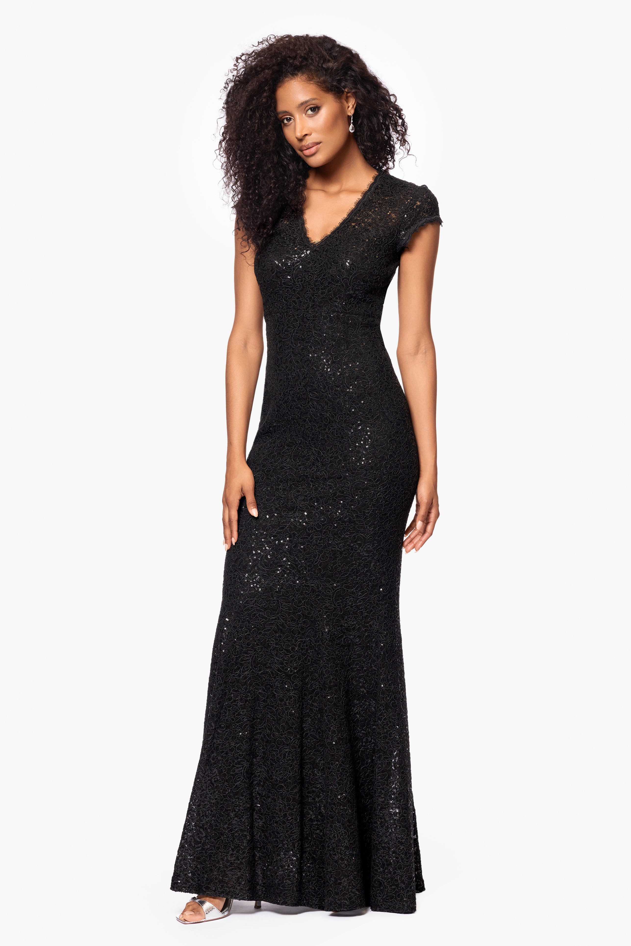 "Penny" Long Sequin Cap Sleeve V-Neck Dress