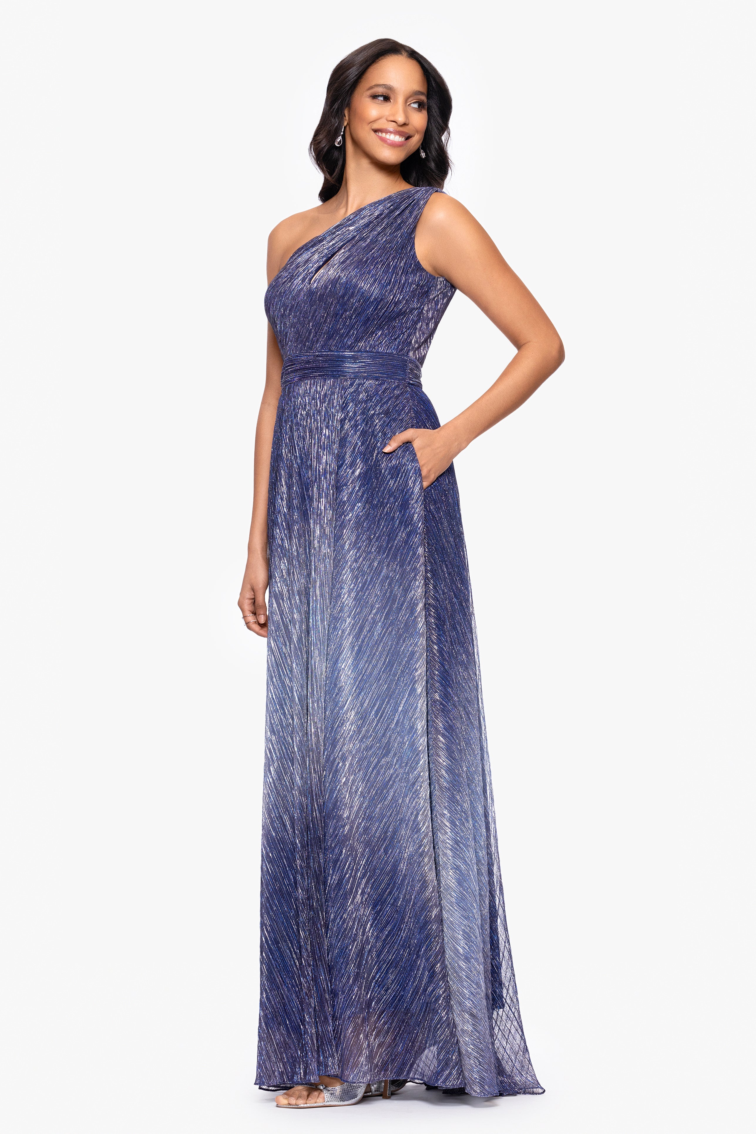 "Mia" Metallic Ombre One Shoulder Floor Length Dress