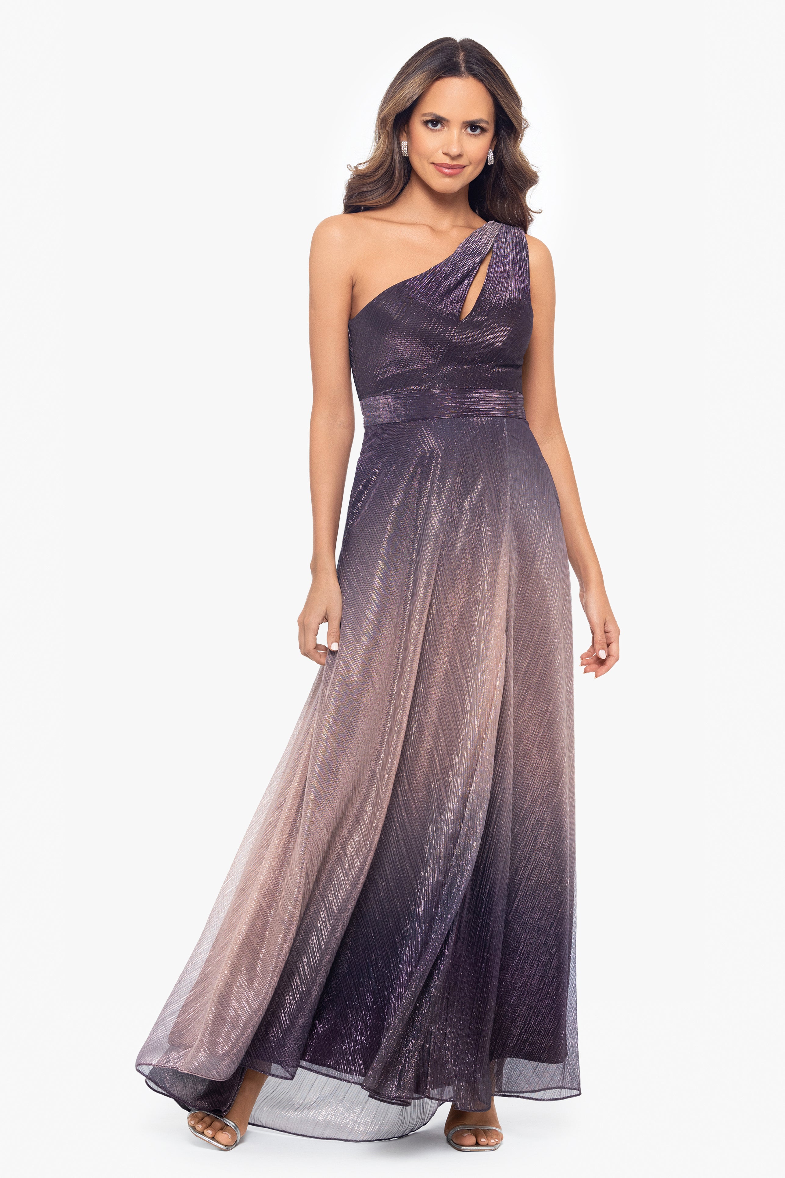 "Nicoletta" Long Ombre Crinkle Metallic One Shoulder Dress