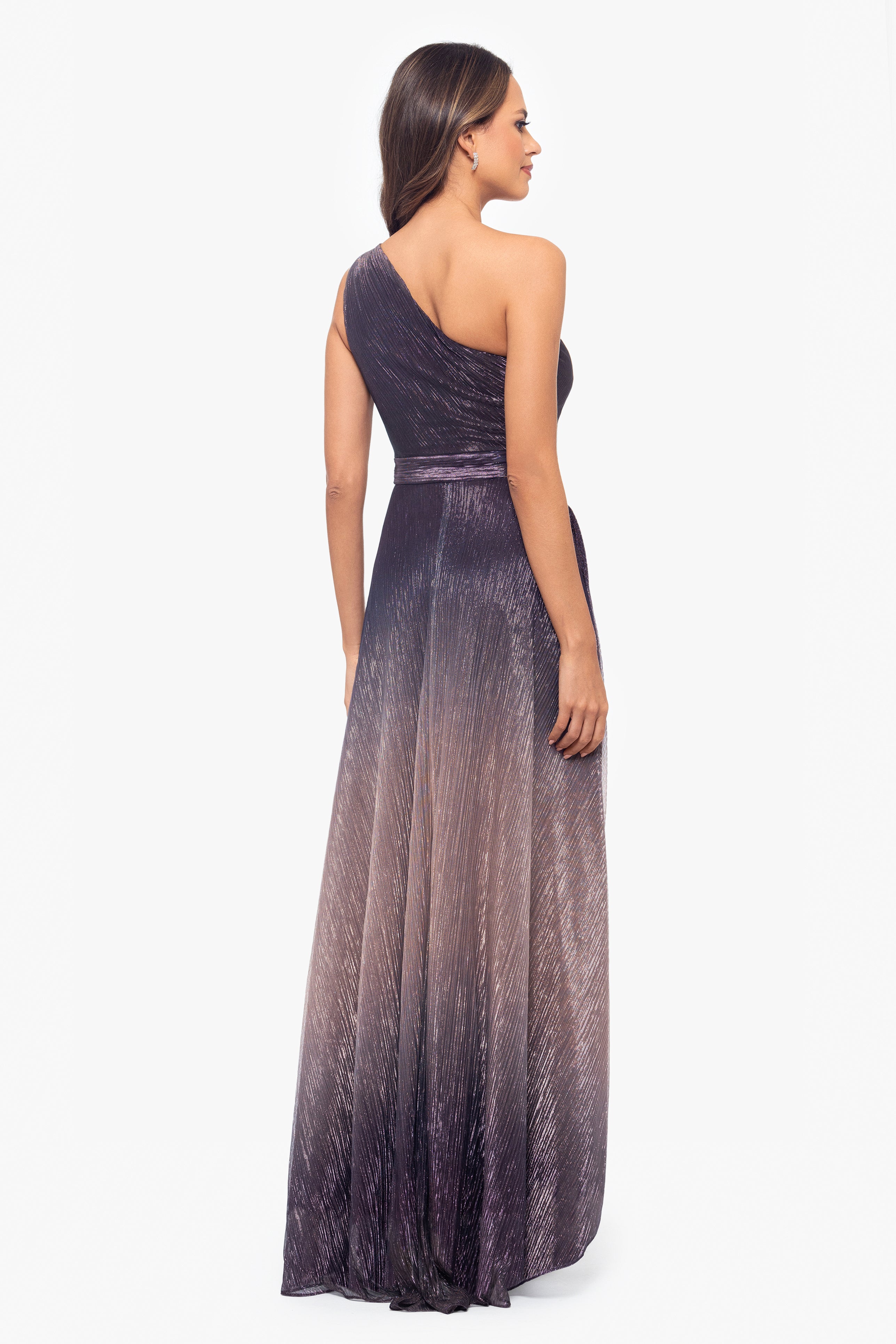 "Nicoletta" Long Ombre Crinkle Metallic One Shoulder Dress