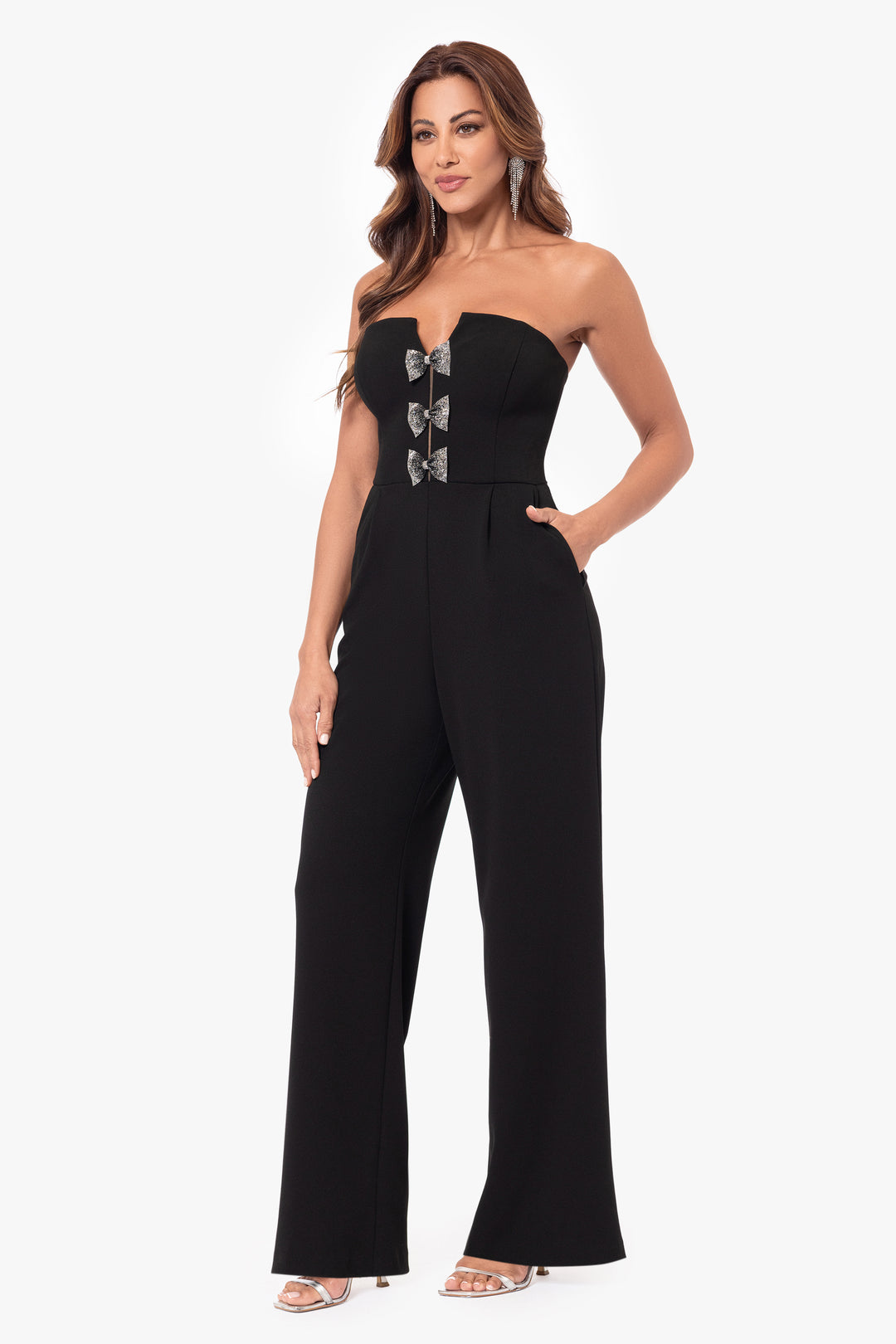 "Melinda" Long Scuba Crepe Embellished Bow Jumpsuit