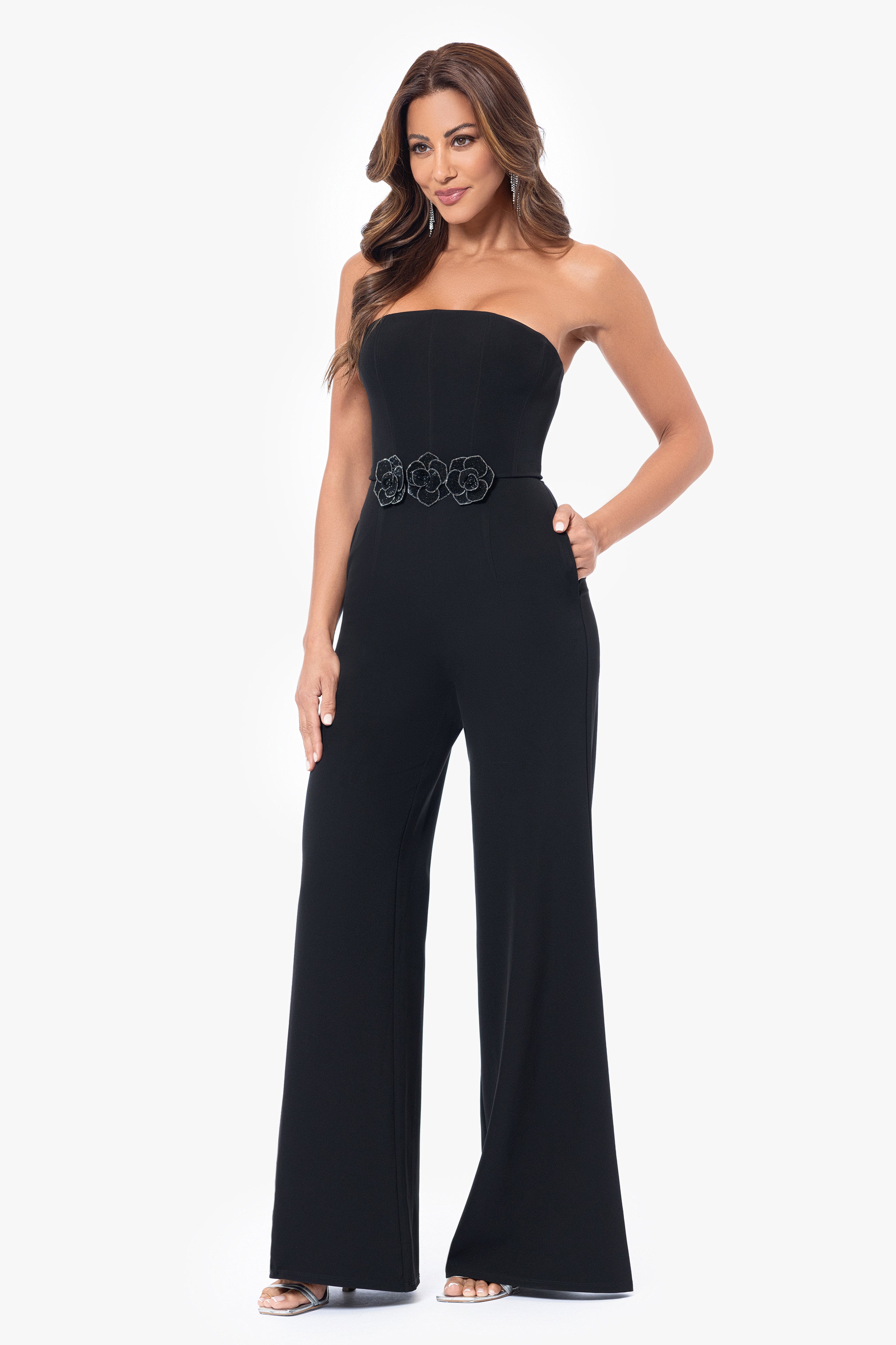 "Marleen" Long Scuba Crepe Jumpsuit with Flower Detailing