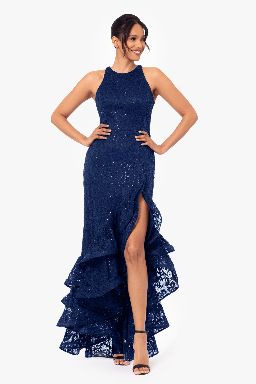 "Laurel" Sequin Lace Ruffle Slit Gown